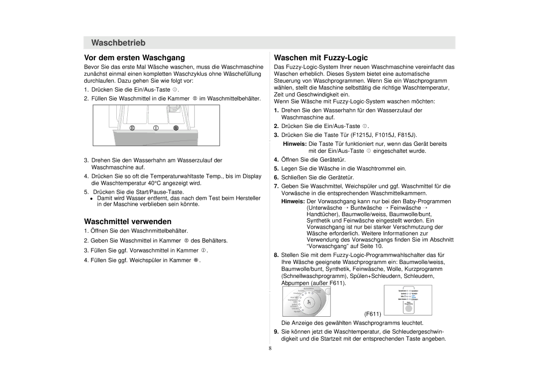 Samsung F1215JGS/XEG, F1215JGW/XEG manual Vor dem ersten Waschgang, Waschmittel verwenden, Waschen mit Fuzzy-Logic 