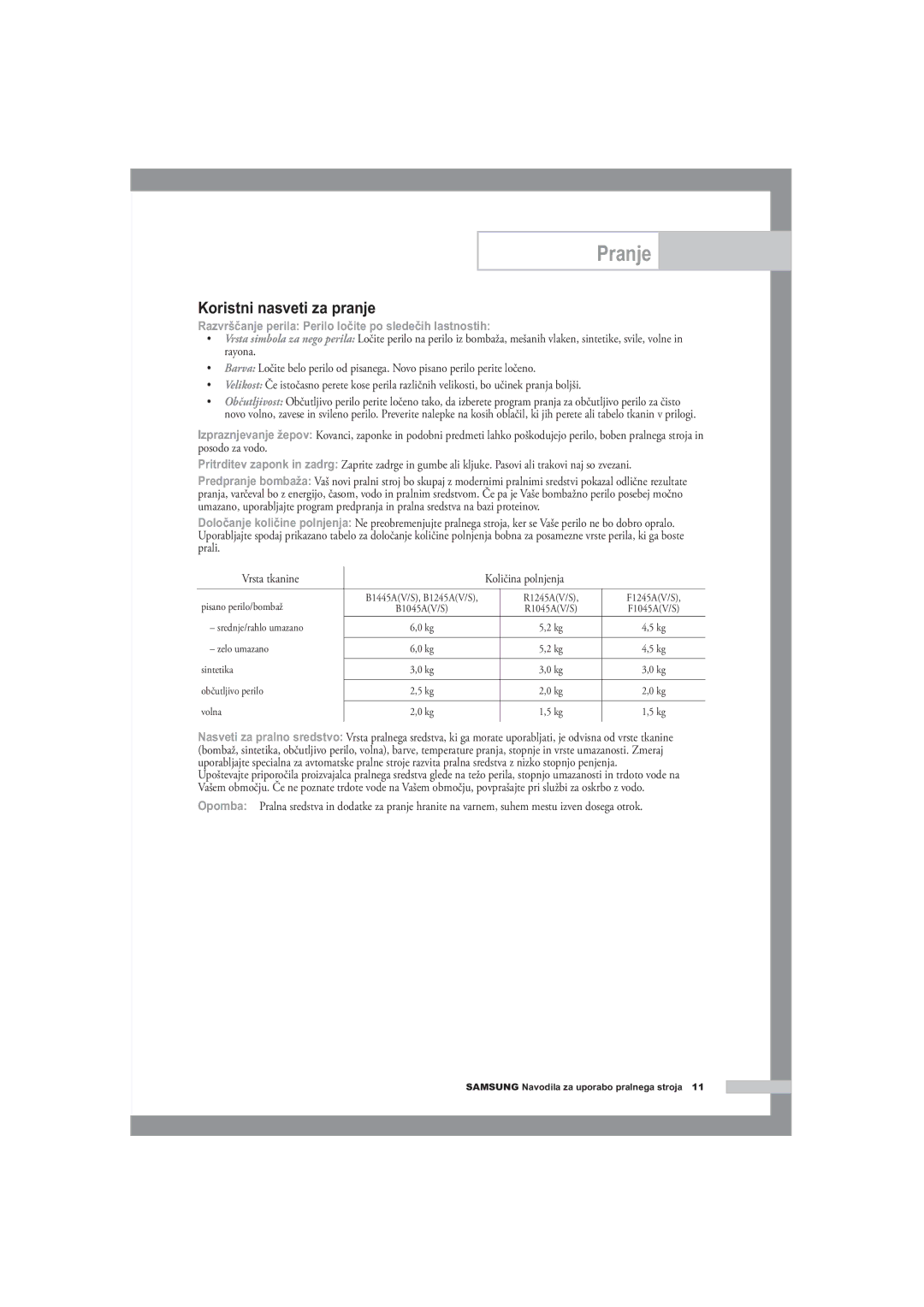 Samsung B1445A, F1245A, R1245A manual Koristni nasveti za pranje, Razvrščanje perila Perilo ločite po sledečih lastnostih 