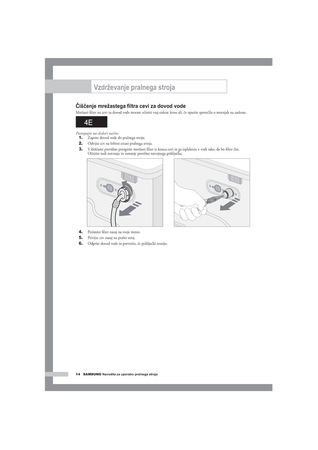 Samsung B1445A, F1245A, R1245A manual Čiščenje mrežastega ﬁltra cevi za dovod vode, Postopajte na sledeči način 