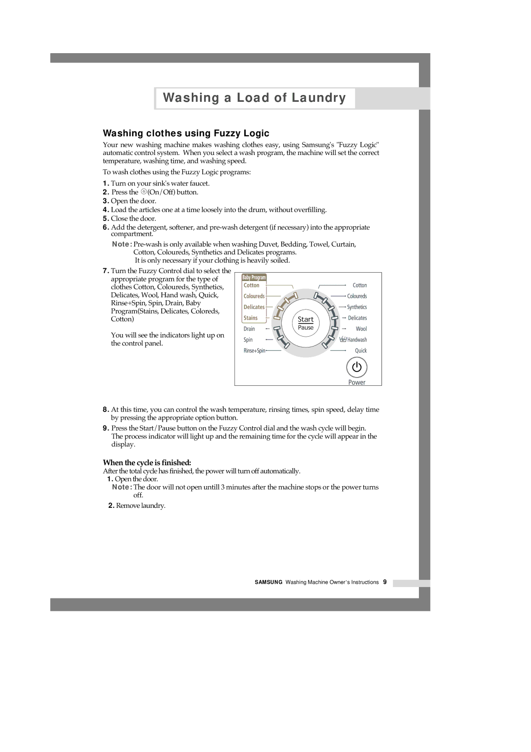 Samsung B1445A, F1245A, R1245A manual Washing clothes using Fuzzy Logic, When the cycle is finished 