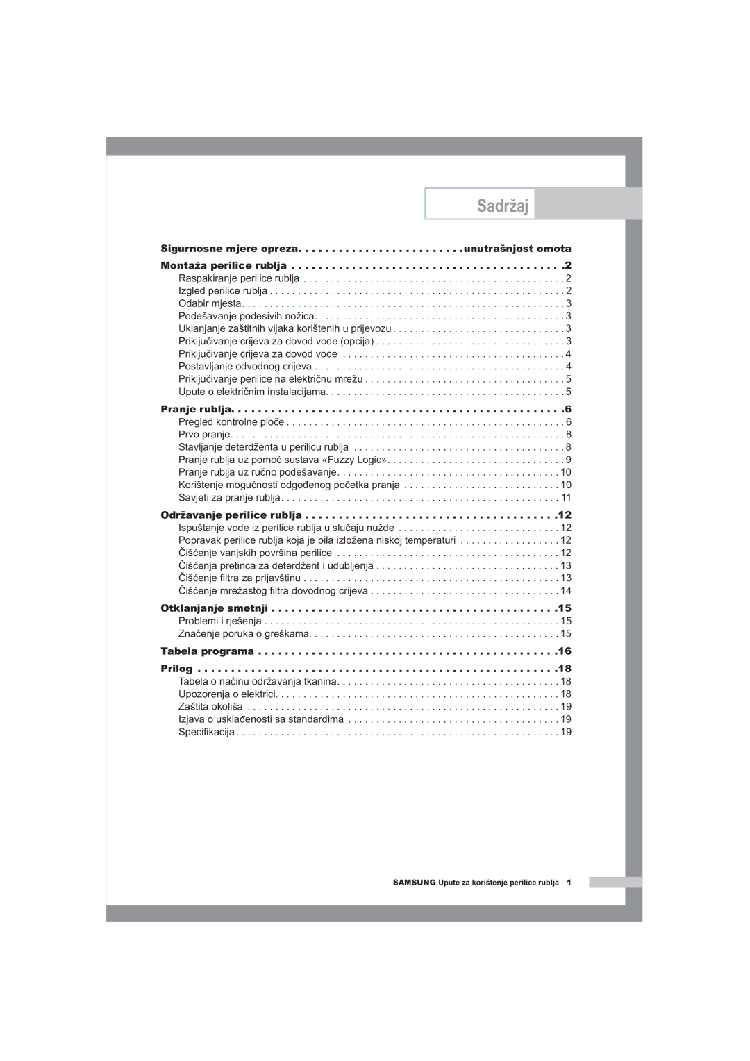 Samsung B1445A, F1245A, R1245A manual Sadržaj, Pranje rublja, Održavanje perilice rublja, Otklanjanje smetnji 