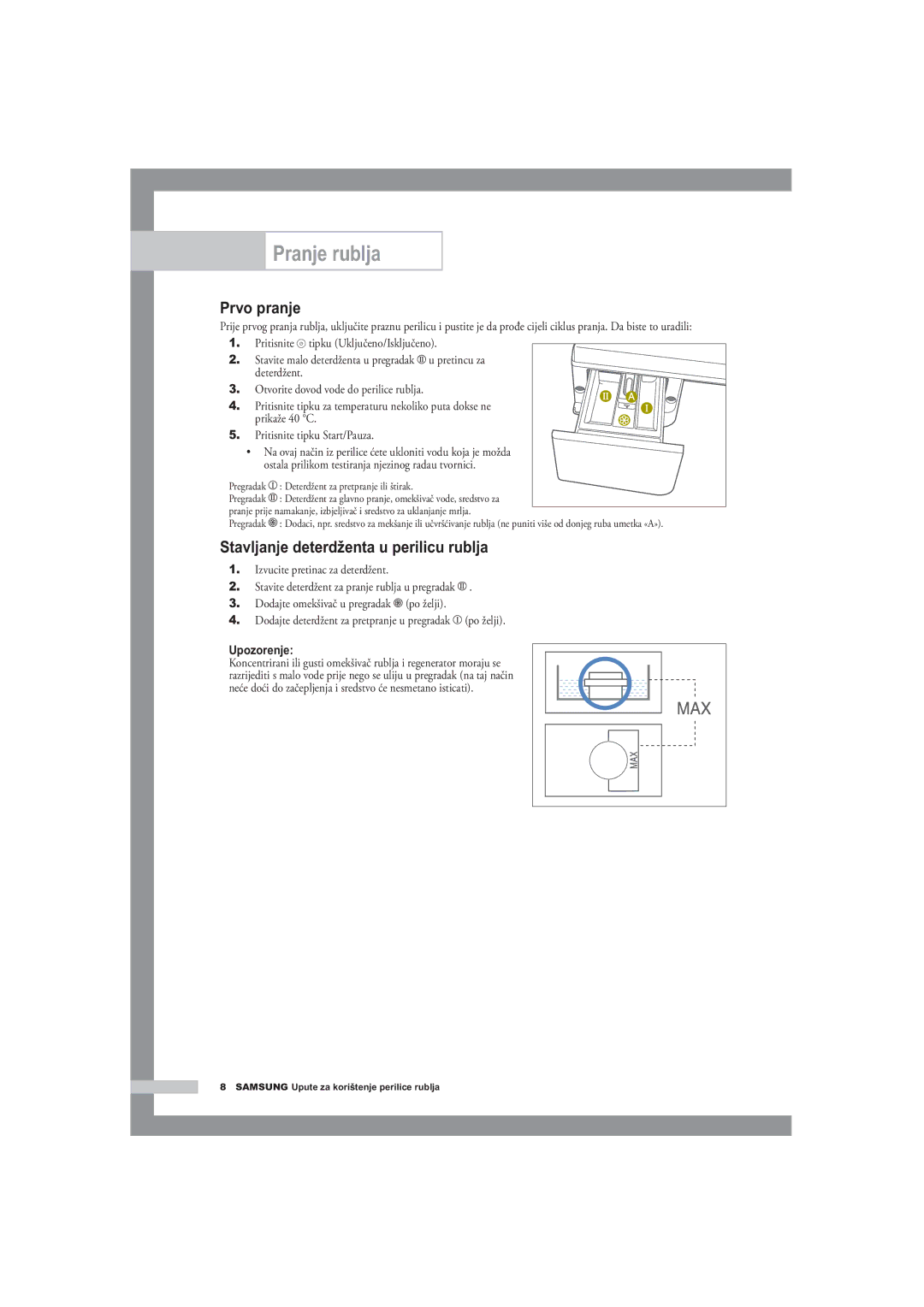 Samsung F1245A, R1245A, B1445A manual Stavljanje deterdženta u perilicu rublja, Upozorenje 