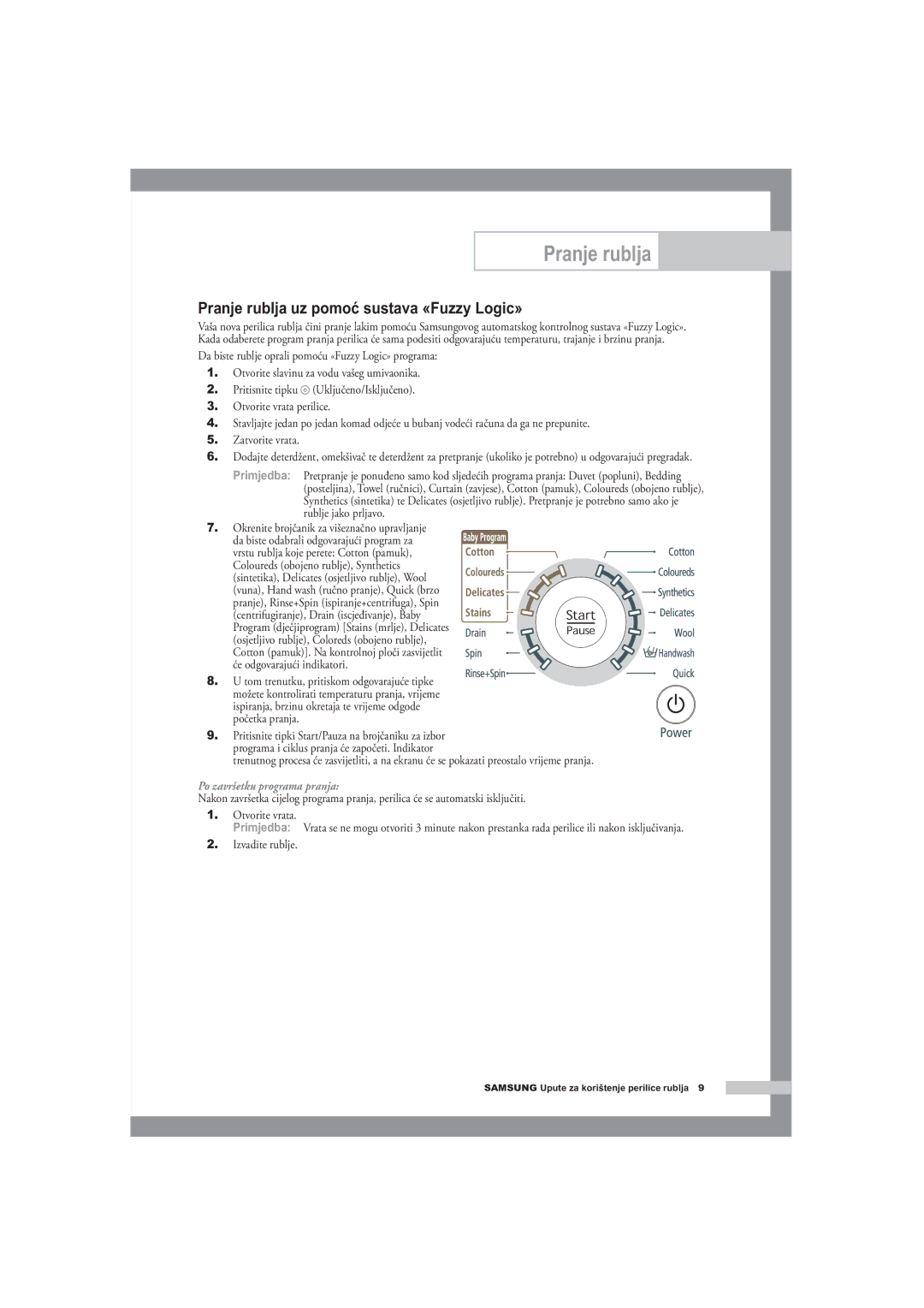 Samsung R1245A, F1245A, B1445A manual Pranje rublja uz pomoć sustava «Fuzzy Logic», Po završetku programa pranja 