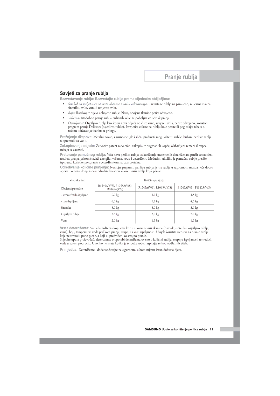 Samsung F1245A, R1245A, B1445A manual Savjeti za pranje rublja 