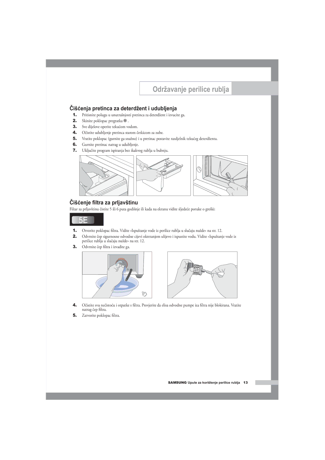 Samsung B1445A, F1245A, R1245A manual Čišćenja pretinca za deterdžent i udubljenja, Čišćenje ﬁltra za prljavštinu 