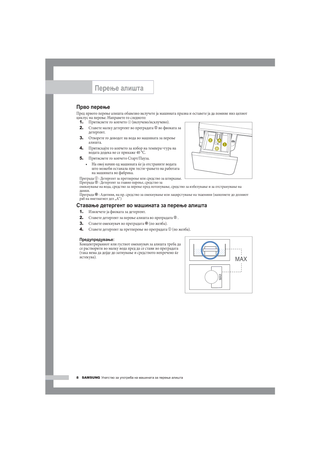 Samsung R1245A, F1245A, B1445A manual Прво перење, Предупредување 