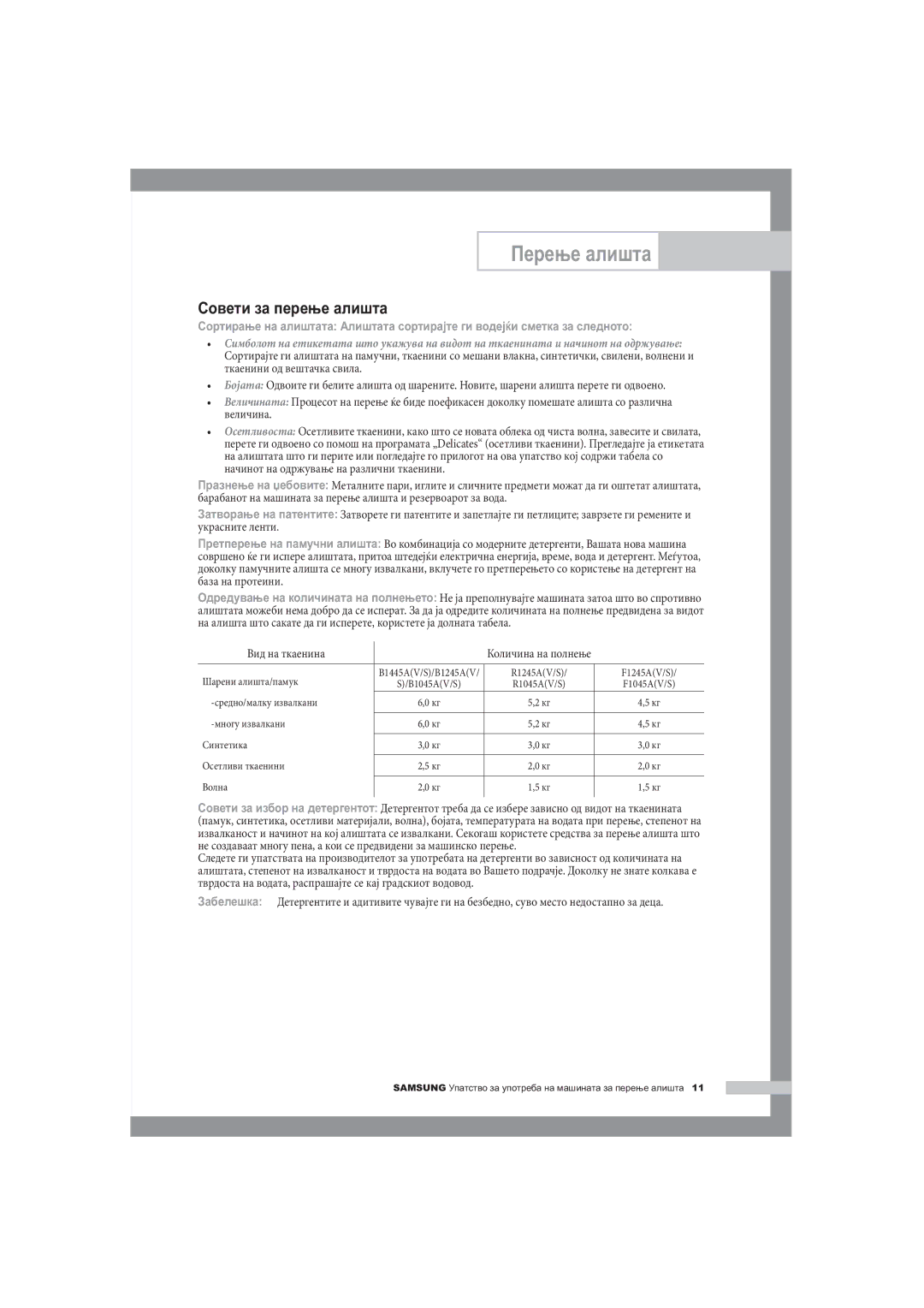 Samsung R1245A, F1245A, B1445A manual Совети за перење алишта, Вид на ткаенина 