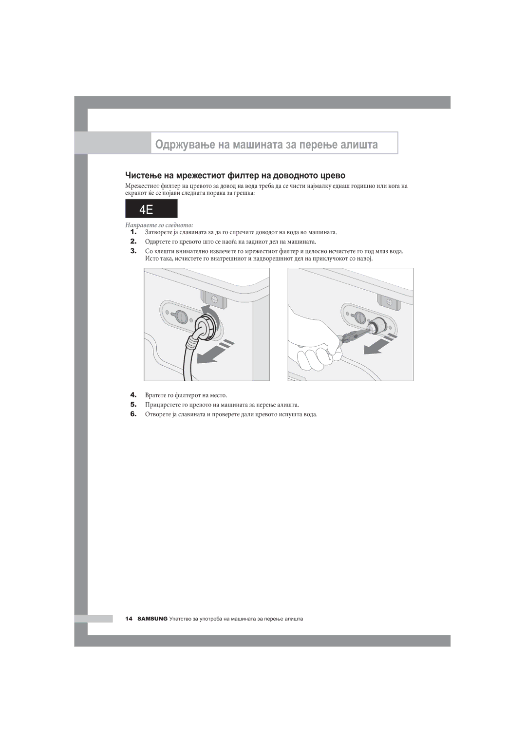 Samsung R1245A, F1245A, B1445A manual Чистење на мрежестиот филтер на доводното црево 