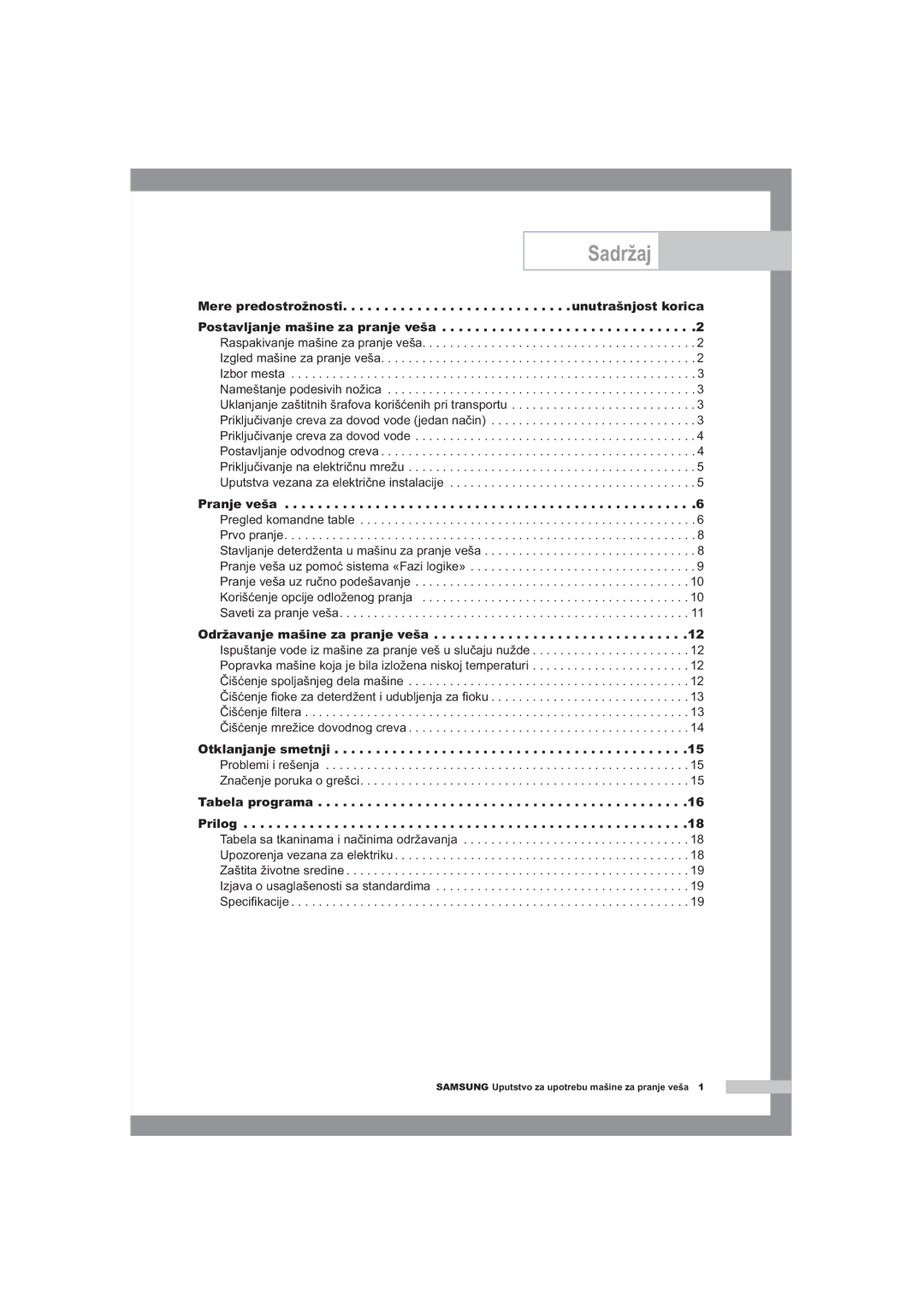 Samsung R1245A, F1245A, B1445A manual Pranje veša, Održavanje mašine za pranje veša 