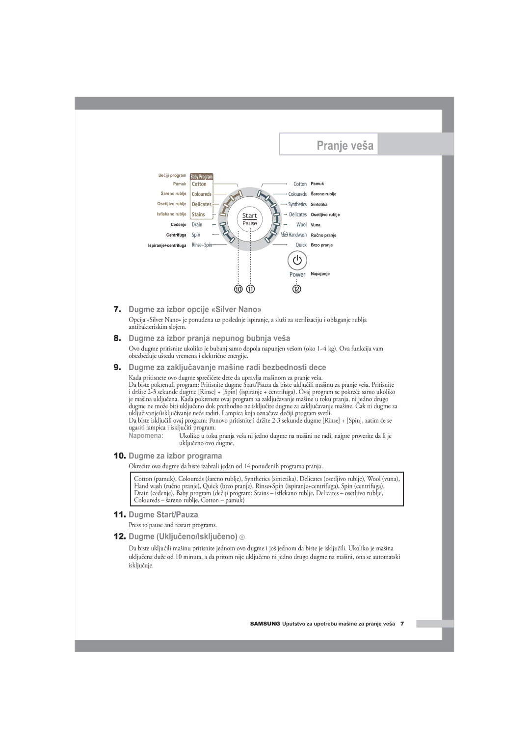 Samsung R1245A, F1245A, B1445A manual Dugme za izbor opcije «Silver Nano», Press to pause and restart programs 