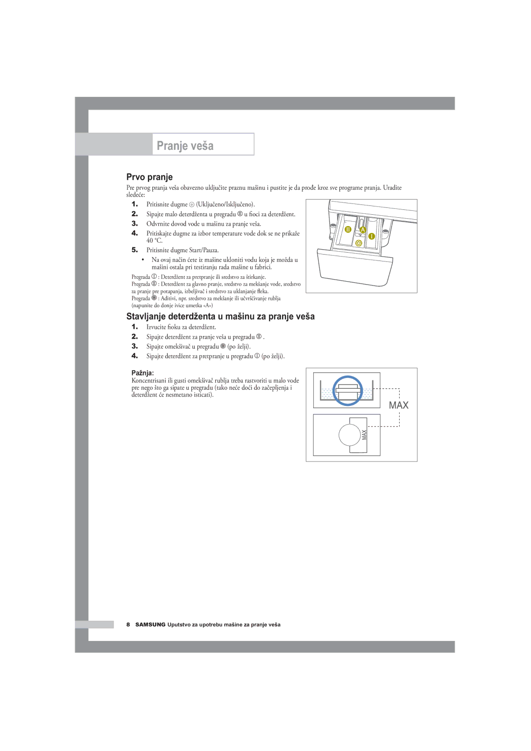 Samsung B1445A, F1245A, R1245A manual Stavljanje deterdženta u mašinu za pranje veša, Pažnja 