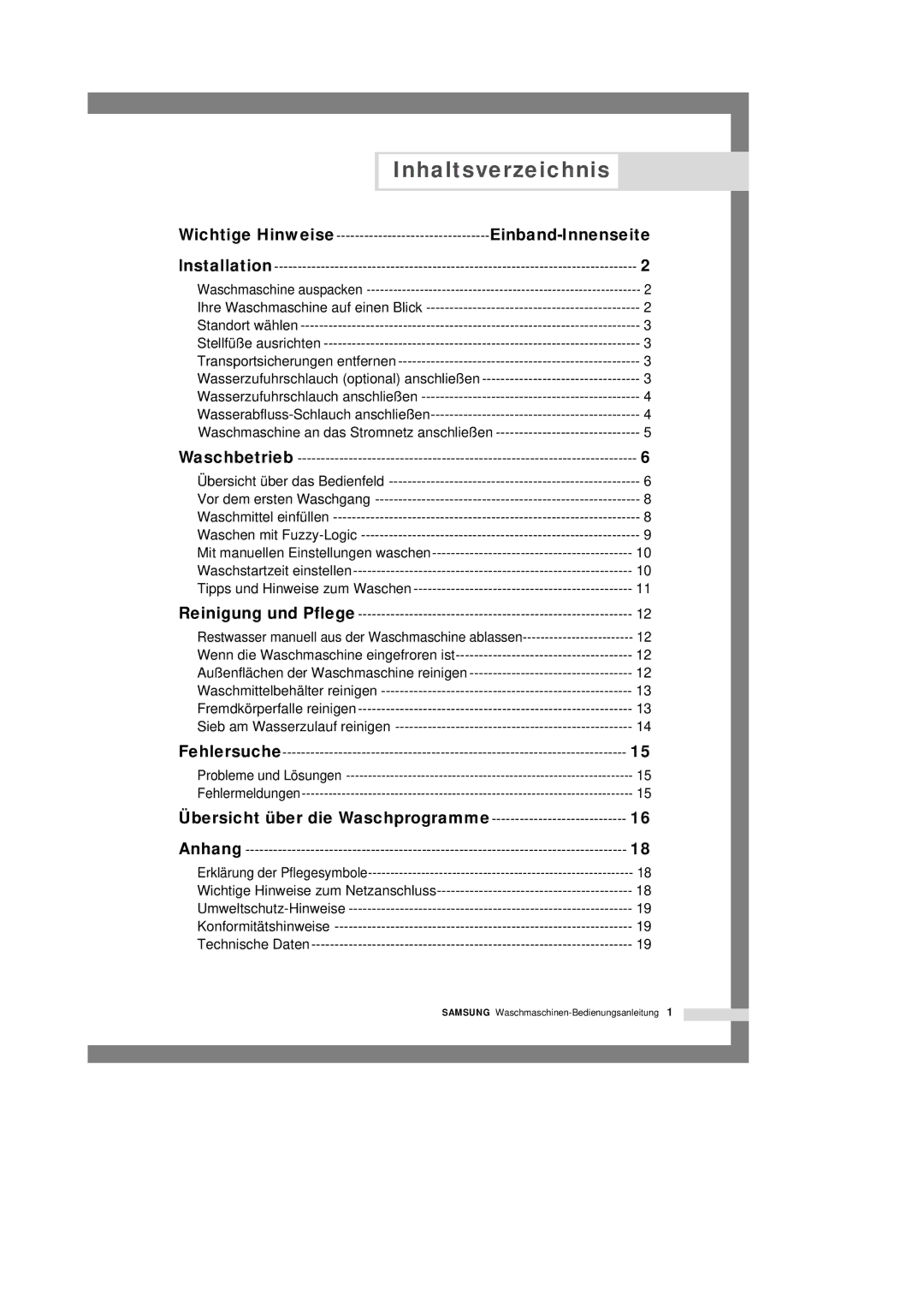 Samsung R1245A, F1245A, B1445A manual Inhaltsverzeichnis, Einband-Innenseite, Übersicht über die Waschprogramme 