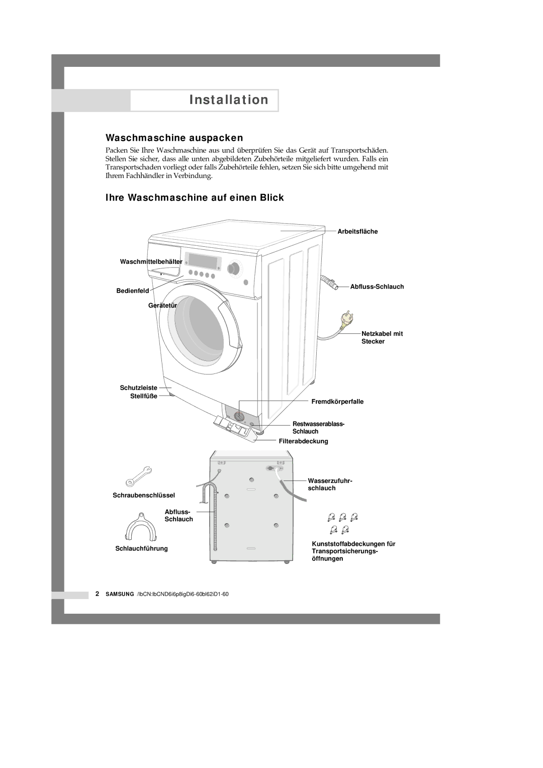 Samsung B1445A, F1245A, R1245A manual Installation, Waschmaschine auspacken, Ihre Waschmaschine auf einen Blick 