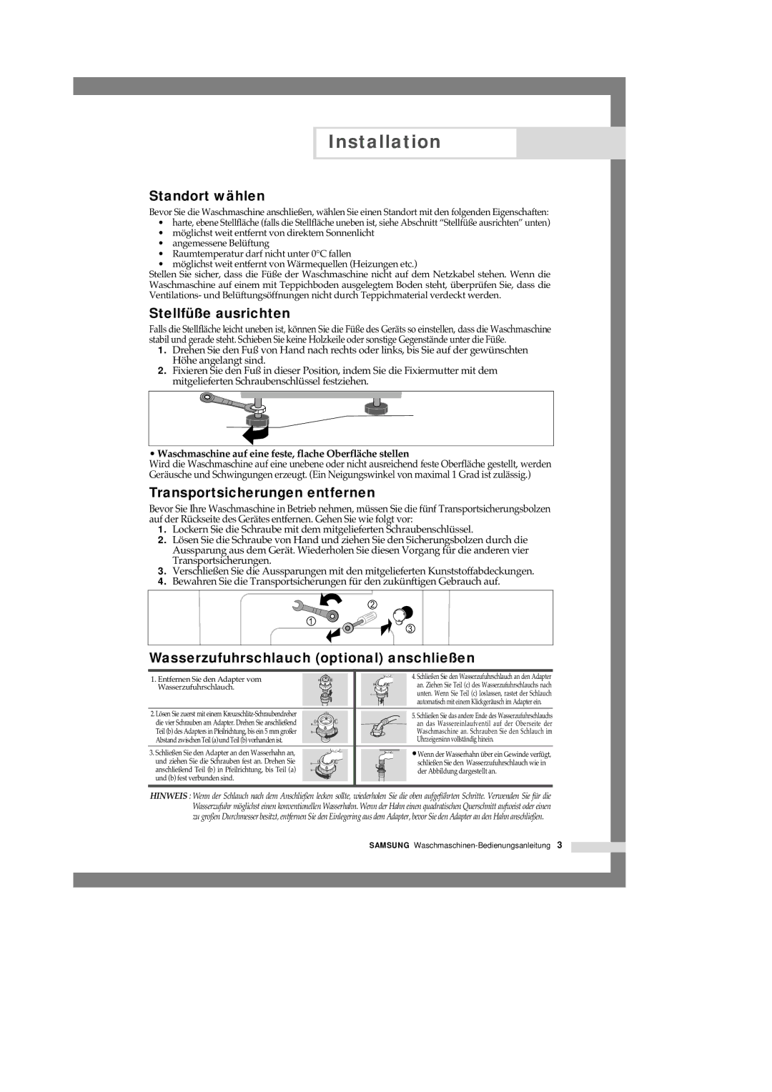 Samsung F1245A, R1245A, B1445A manual Standort wählen, Stellfüße ausrichten, Transportsicherungen entfernen 