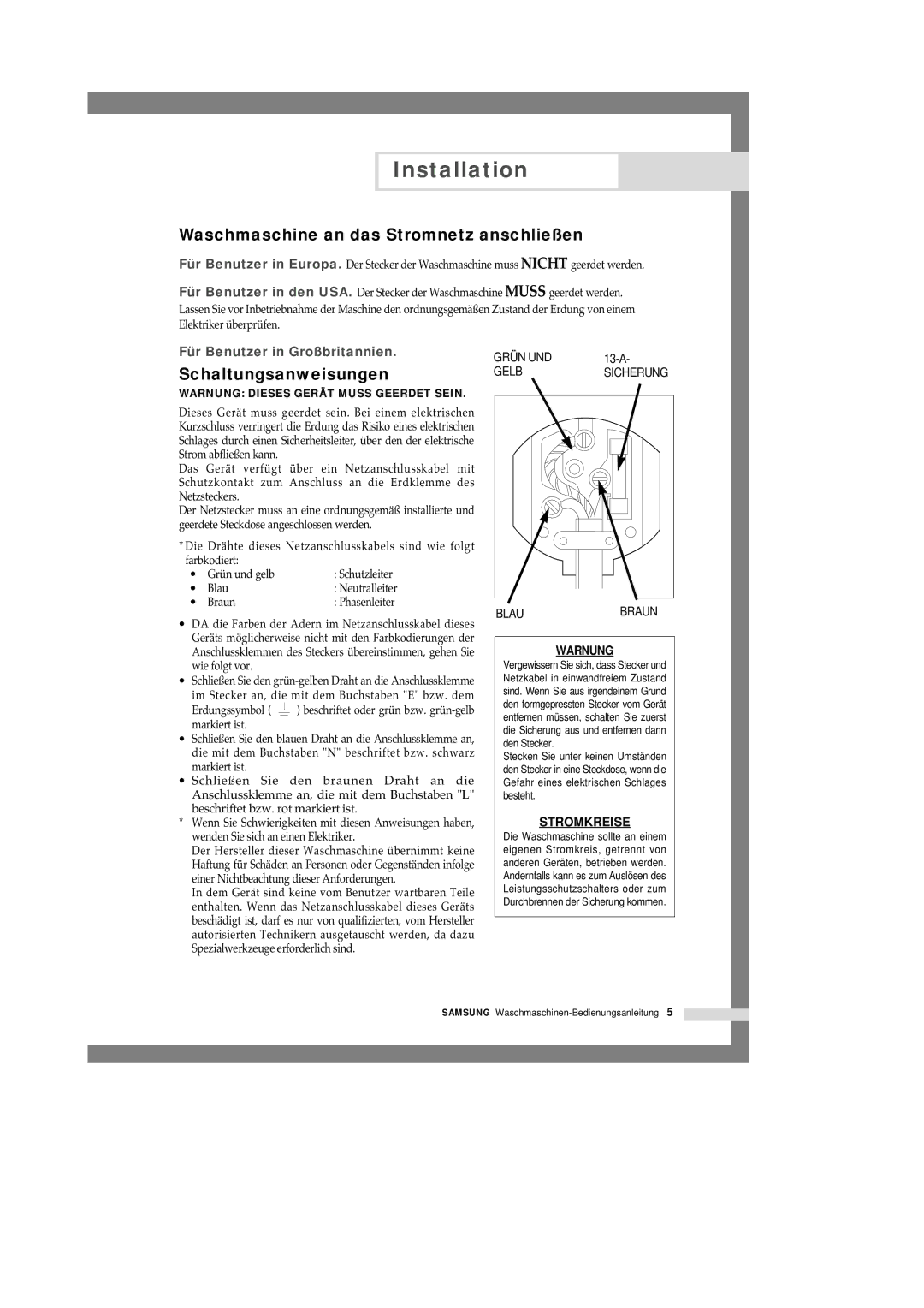 Samsung B1445A, F1245A, R1245A manual Waschmaschine an das Stromnetz anschließen, Schaltungsanweisungen 