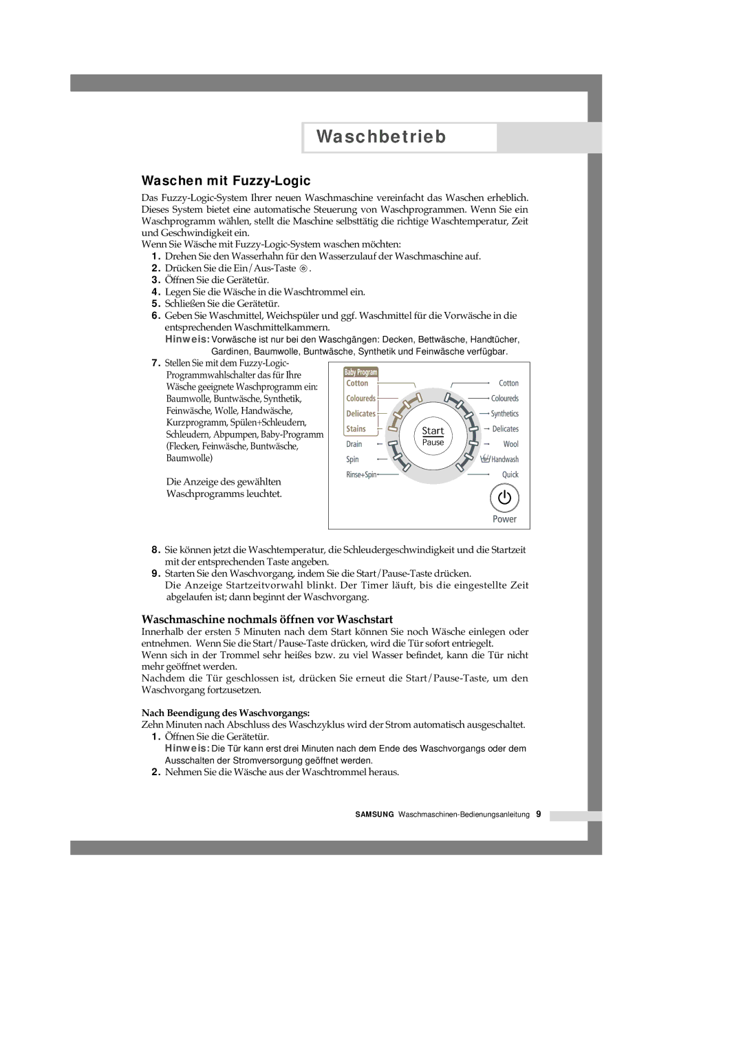 Samsung F1245A, R1245A, B1445A manual Waschen mit Fuzzy-Logic, Stellen Sie mit dem Fuzzy-Logic 