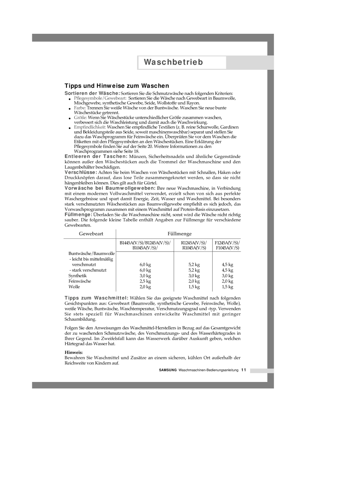 Samsung B1445A, F1245A, R1245A manual Tipps und Hinweise zum Waschen, Gewebeart Füllmenge 