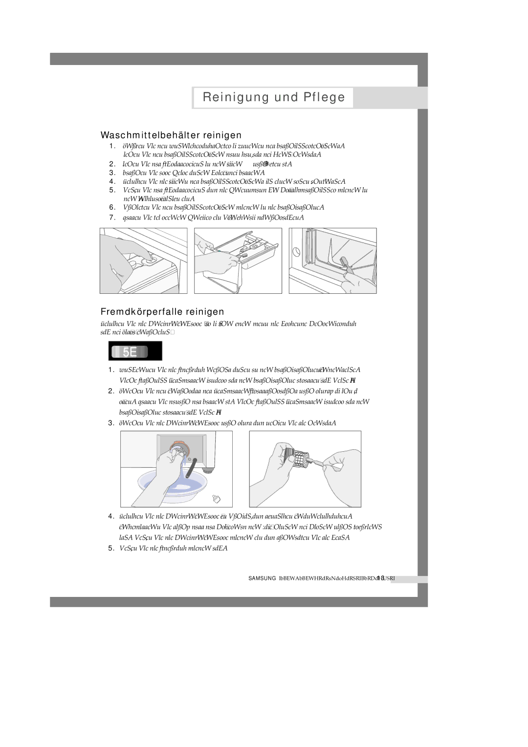 Samsung R1245A, F1245A, B1445A manual Waschmittelbehälter reinigen, Fremdkörperfalle reinigen 