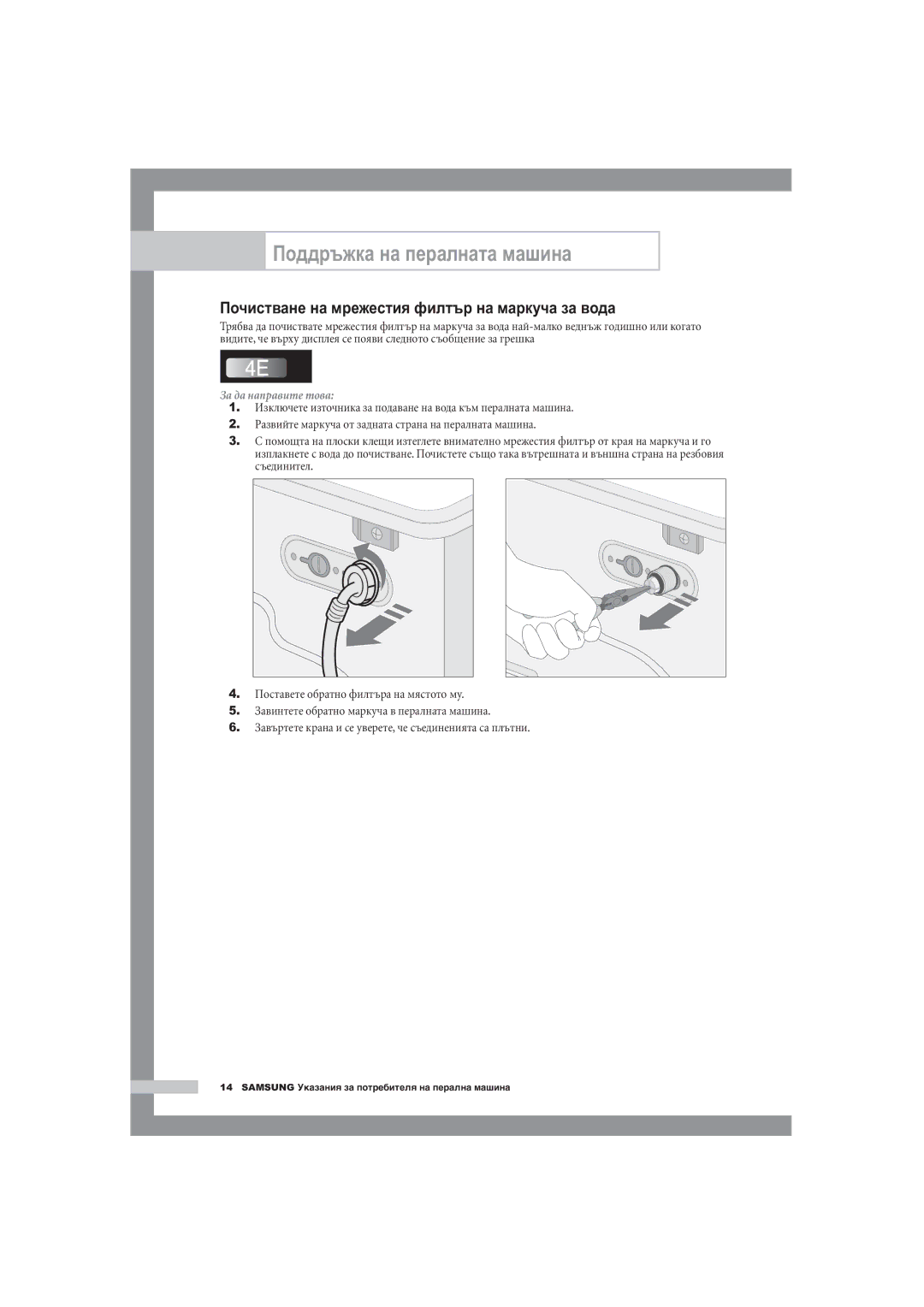 Samsung F1245A, R1245A, B1445A manual Почистване на мрежестия филтър на маркуча за вода, За да направите това 