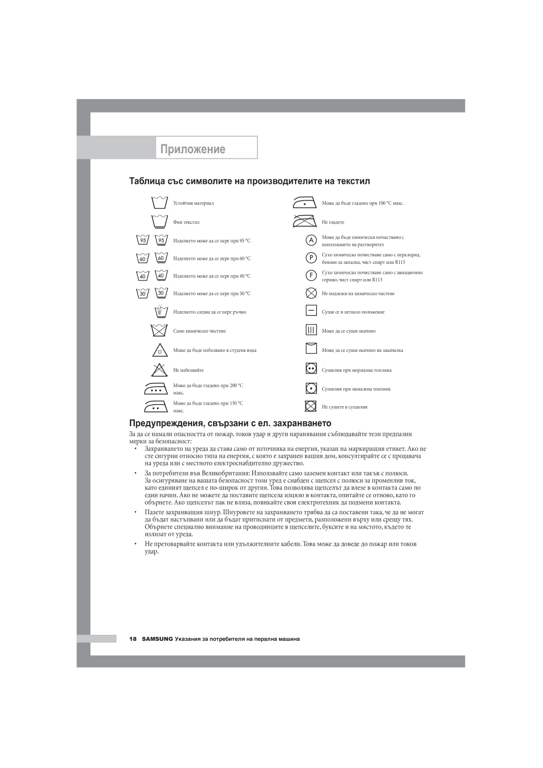 Samsung R1245A, F1245A, B1445A manual Приложение, Таблица със символите на производителите на текстил 