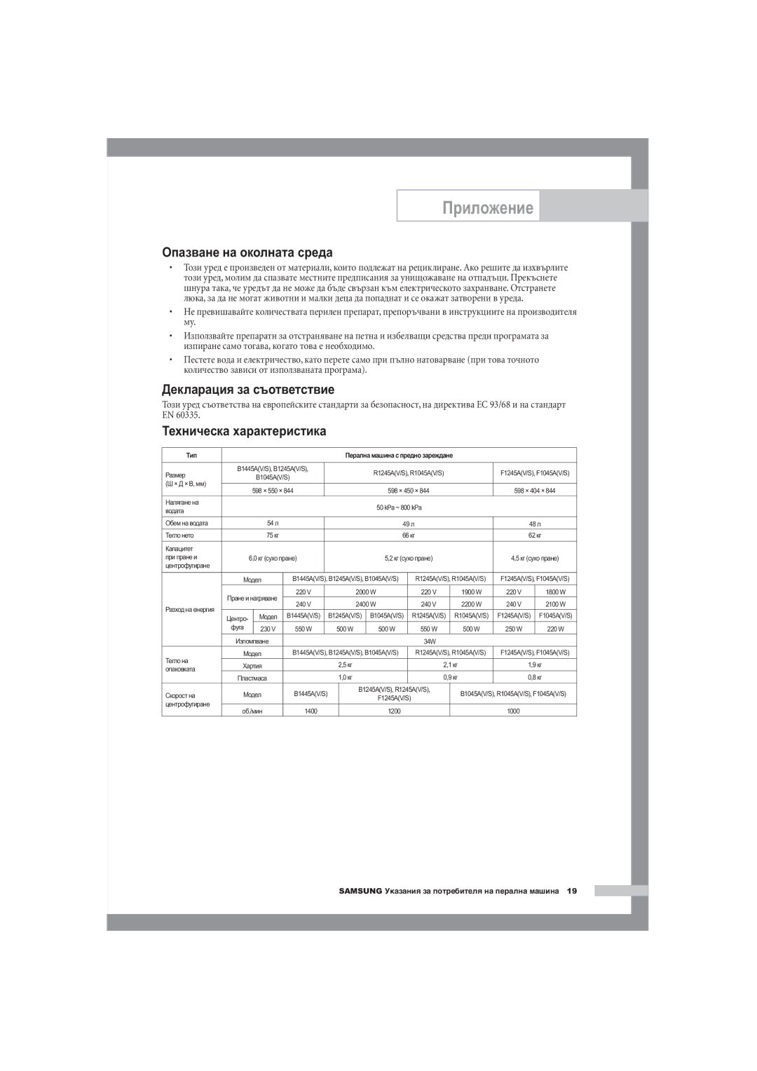 Samsung B1445A, F1245A, R1245A manual Опазване на околната среда, Декларация за съответствие, Техническа характеристика 