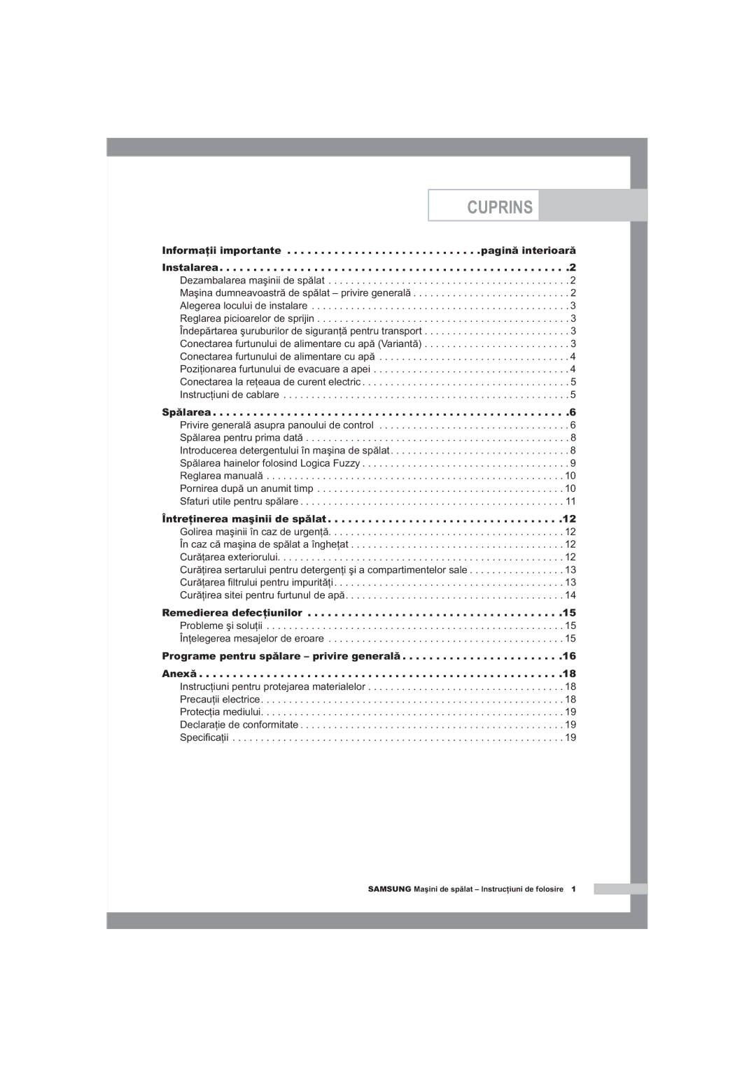 Samsung F1245A, R1245A, B1445A manual Spălarea, Întreţinerea maşinii de spălat, Remedierea defecţiunilor 