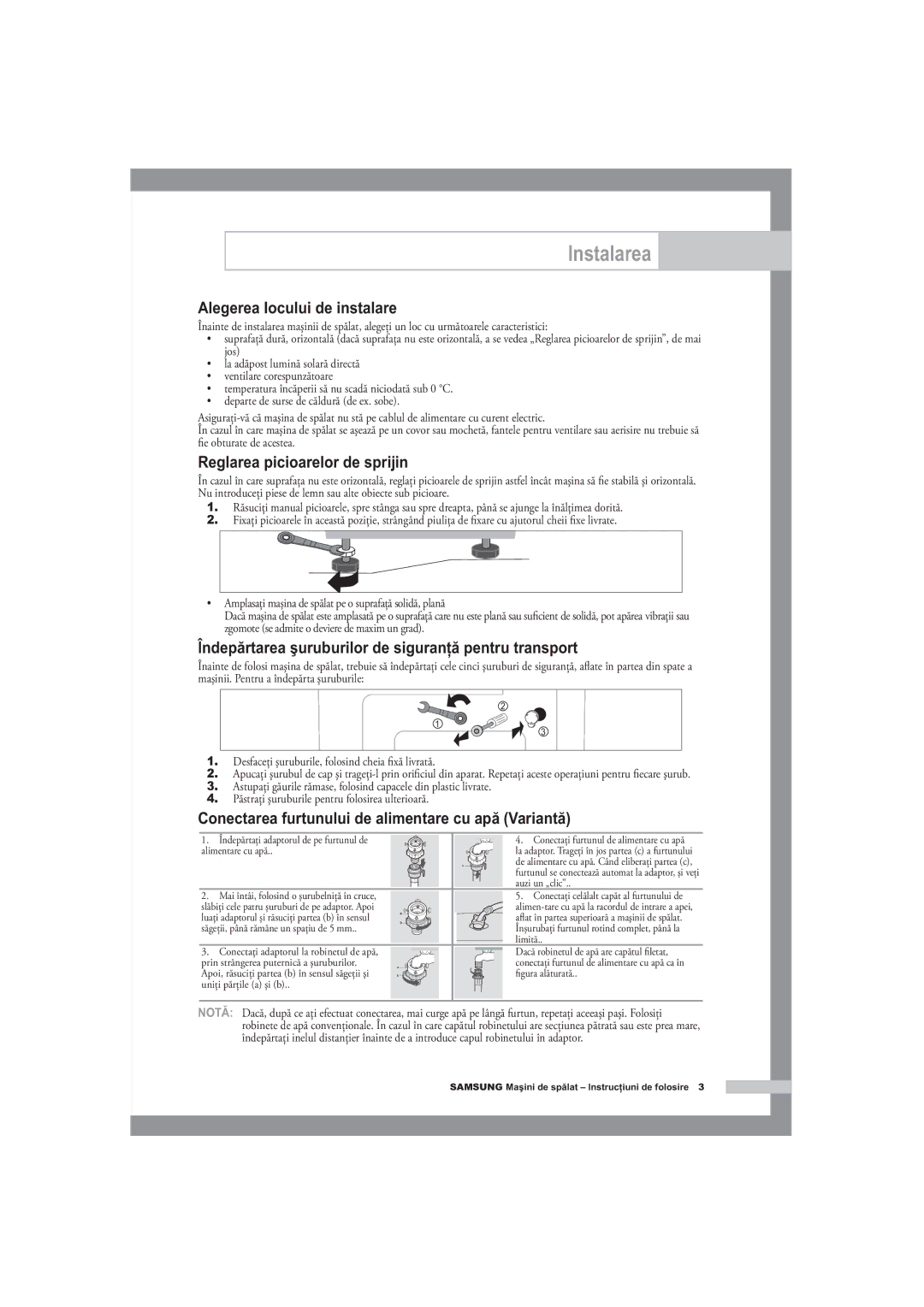 Samsung B1445A, F1245A, R1245A manual Alegerea locului de instalare, Reglarea picioarelor de sprijin 