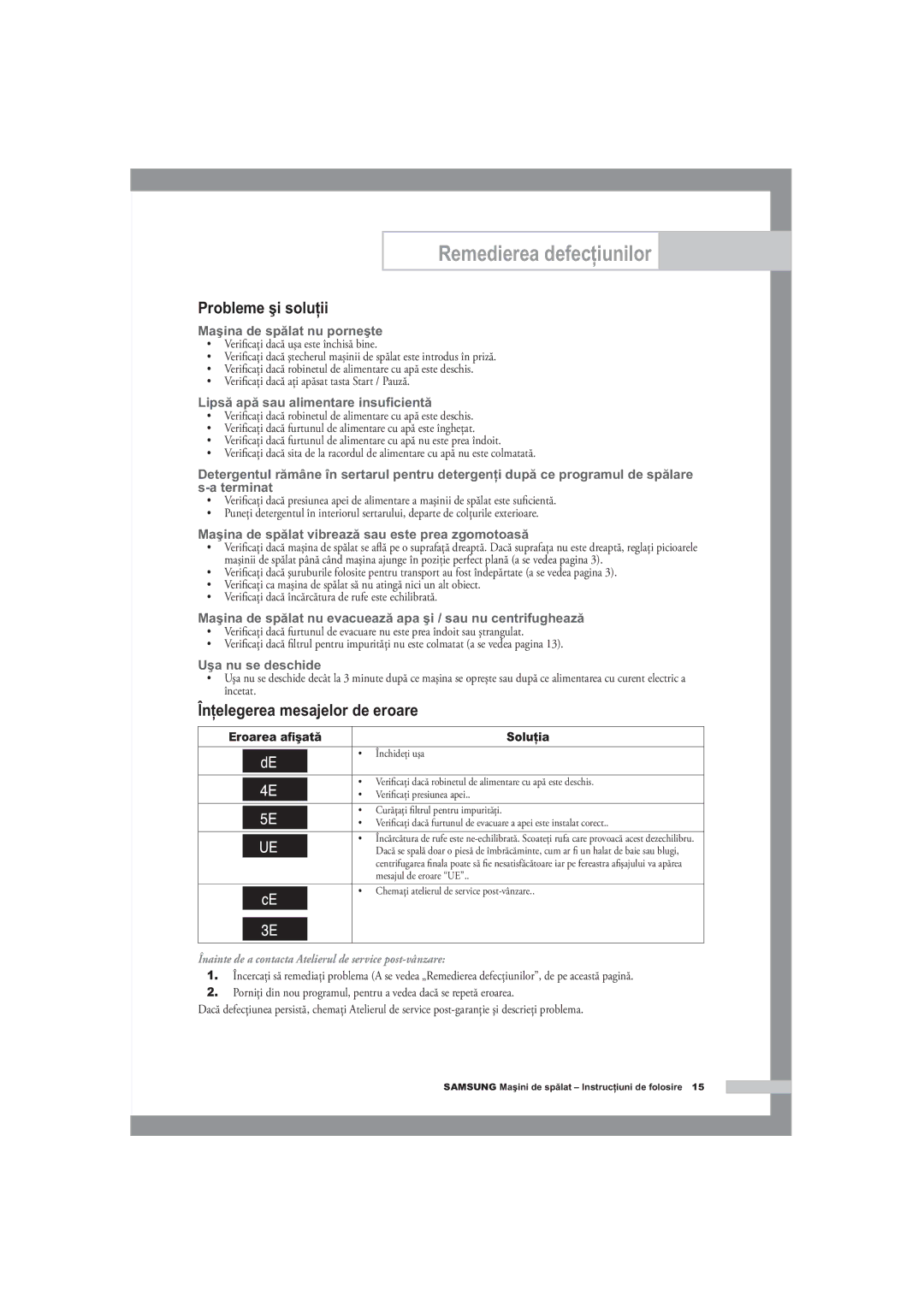 Samsung B1445A, F1245A manual Remedierea defecţiunilor, Probleme şi soluţii, Înţelegerea mesajelor de eroare, Eroarea aﬁşată 