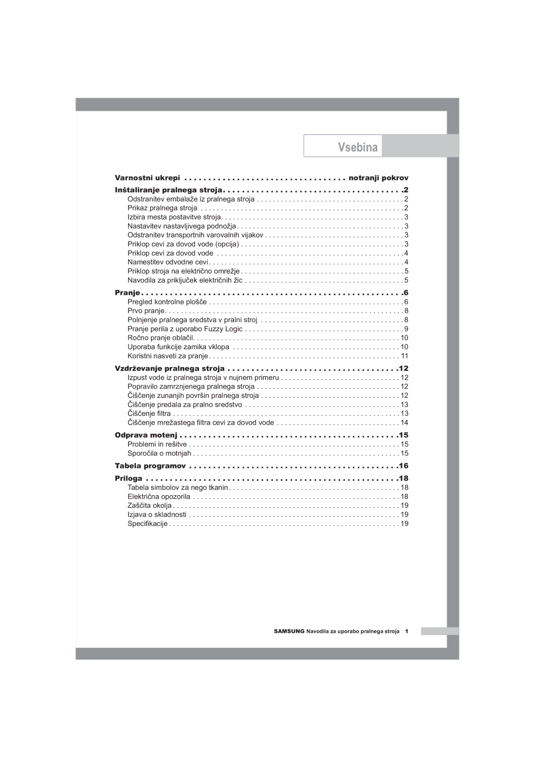 Samsung R1245A, F1245A, B1445A manual Vsebina, Pranje, Vzdrževanje pralnega stroja, Odprava motenj 