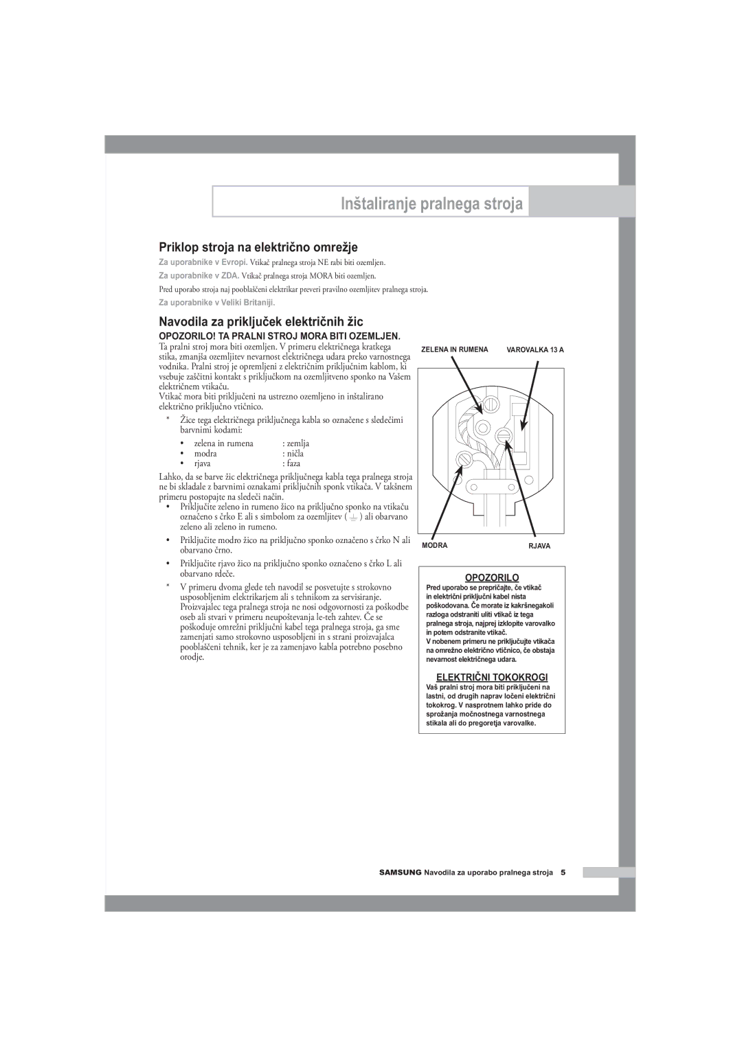 Samsung B1445A manual Priklop stroja na električno omrežje, Navodila za priključek električnih žic, Modra Ničla Rjava Faza 