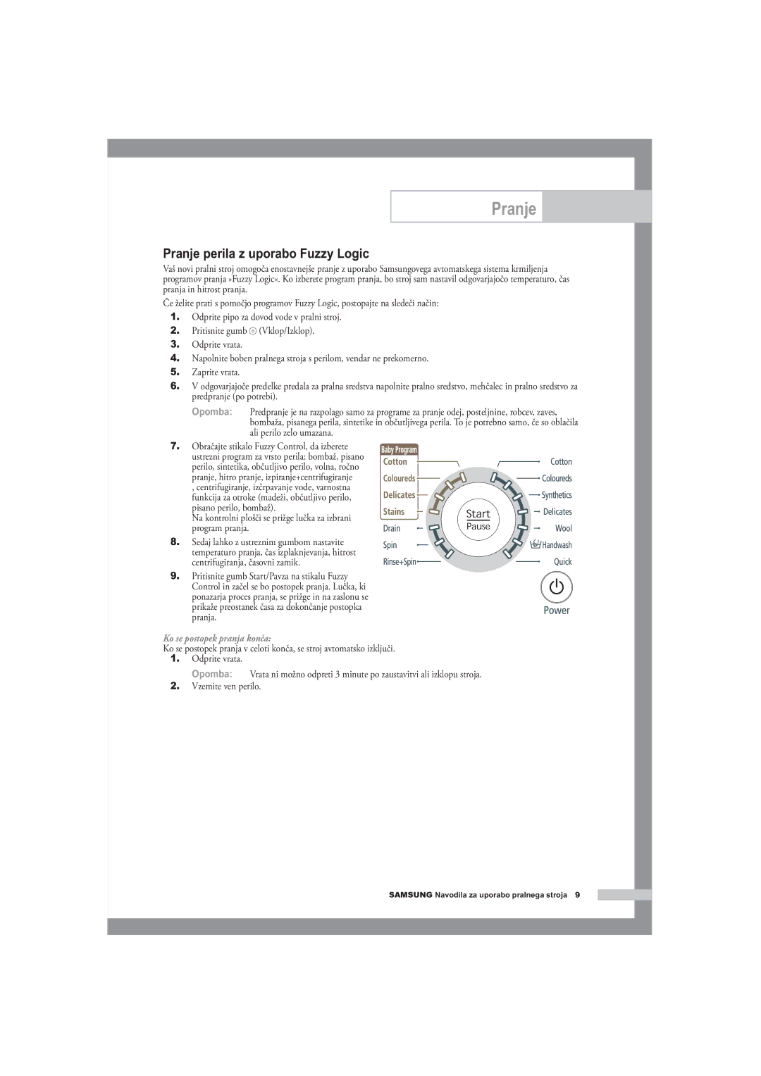 Samsung F1245A, R1245A, B1445A manual Pranje perila z uporabo Fuzzy Logic, Ko se postopek pranja konča 