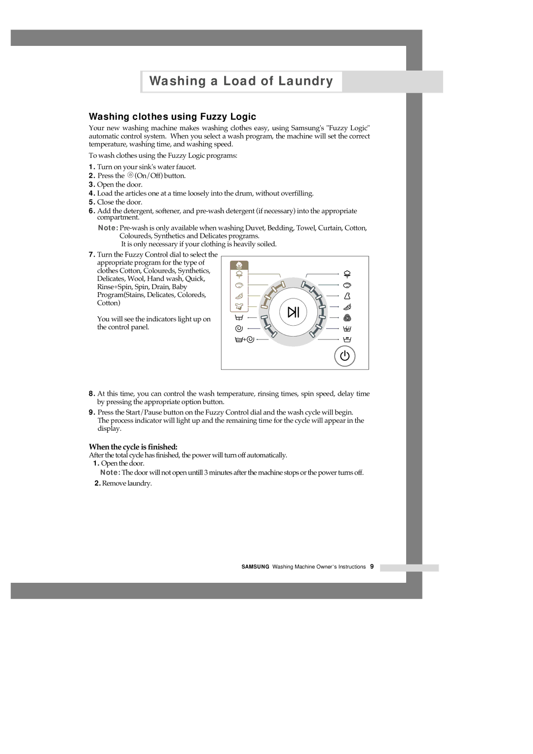 Samsung F1245AVGW/XEH, F1245AVGW/YLE, F1245AVGW1/XEH manual Washing clothes using Fuzzy Logic, When the cycle is finished 