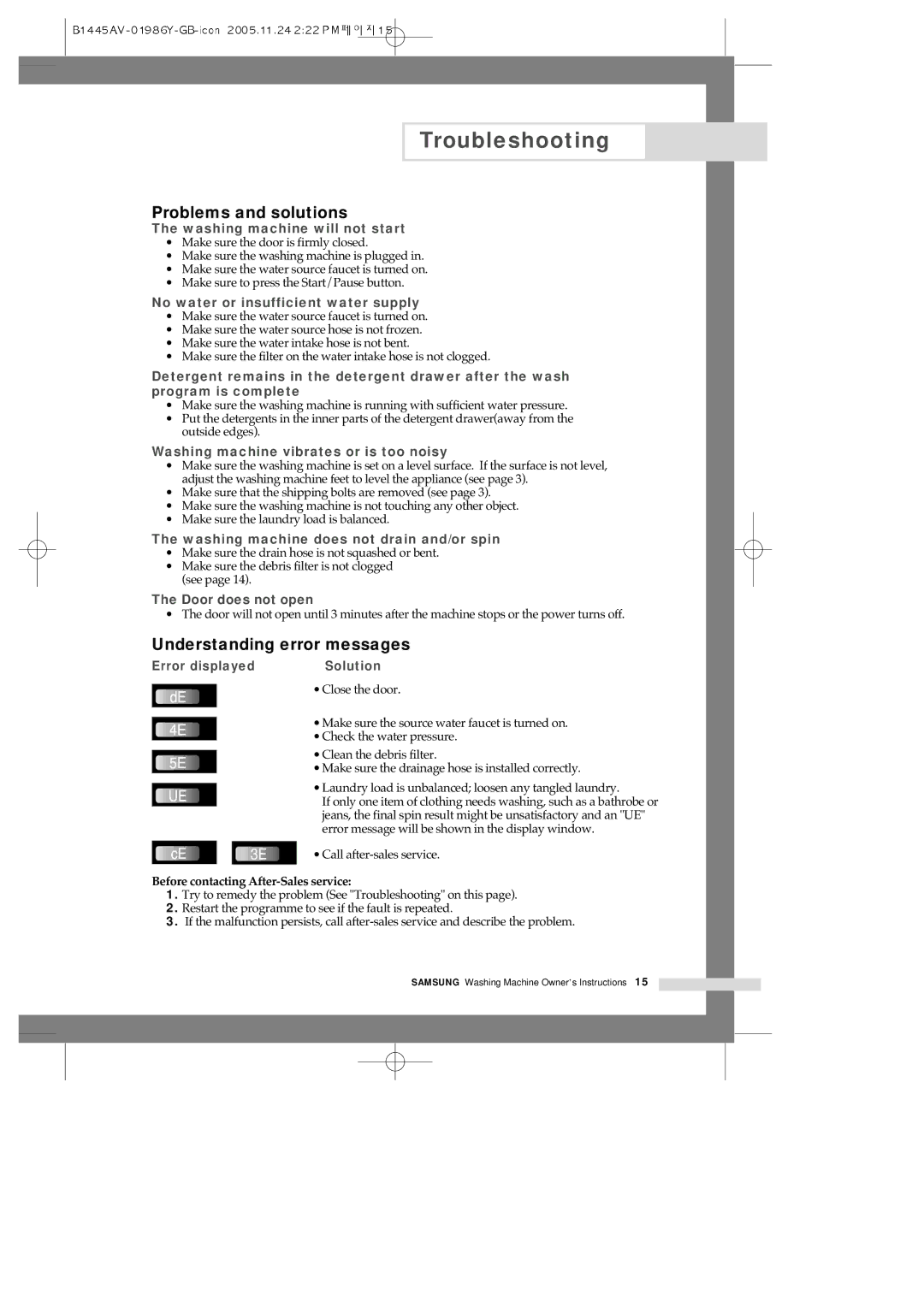 Samsung R1045AVGW1/XEH, F1245AVGW/YLE, F1245AVGW1/XEH Troubleshooting, Problems and solutions, Understanding error messages 