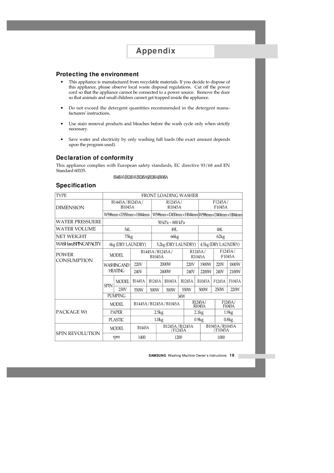 Samsung F1245AVGW/YLR, F1245AVGW/YLE, F1245AVGW1/XEH Protecting the environment, Declaration of conformity, Specification 