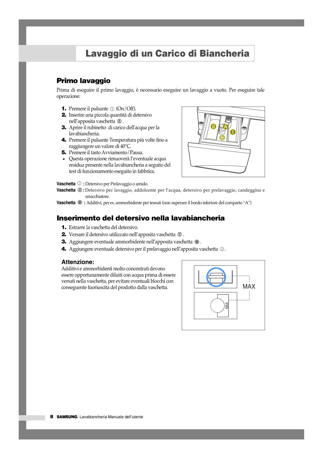 Samsung F1245VGW/XET, F1045GW/XET manual Primo lavaggio, Inserimento del detersivo nella lavabiancheria 