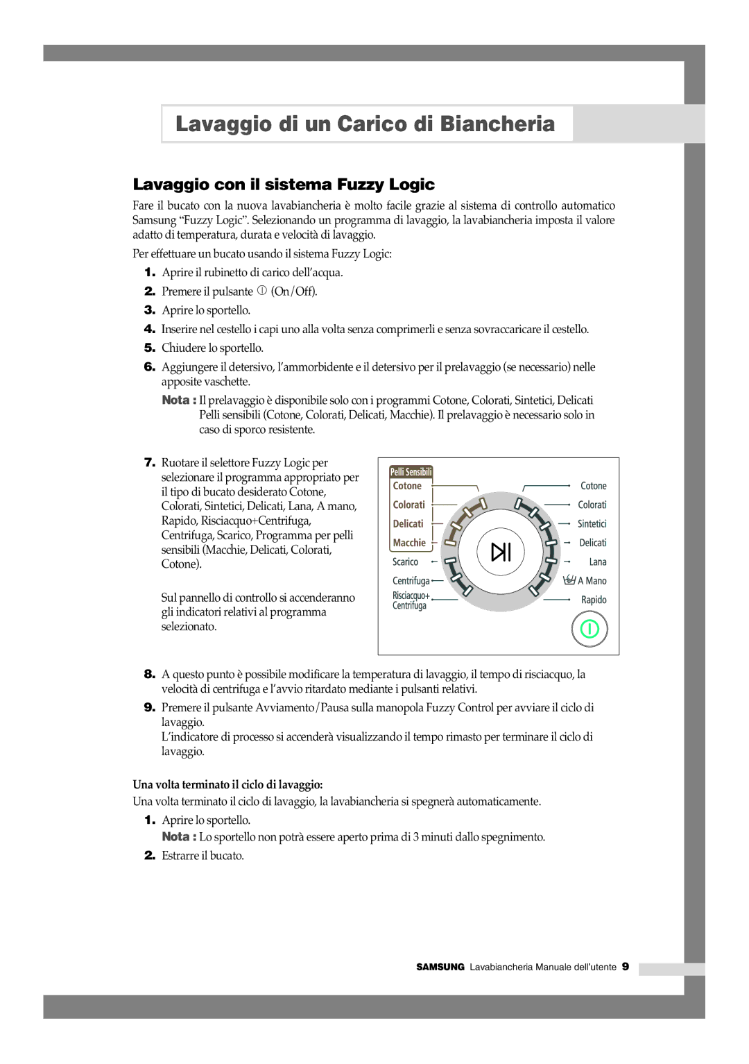 Samsung F1045GW/XET, F1245VGW/XET manual Lavaggio con il sistema Fuzzy Logic, Una volta terminato il ciclo di lavaggio 