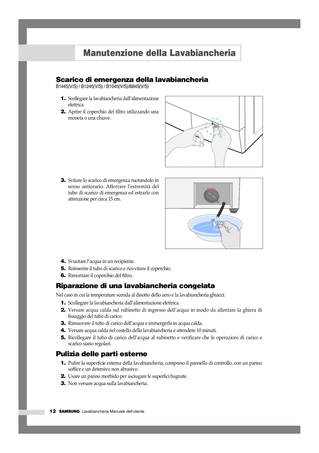 Samsung F1245VGW/XET, F1045GW/XET manual Manutenzione della Lavabiancheria, Scarico di emergenza della lavabiancheria 