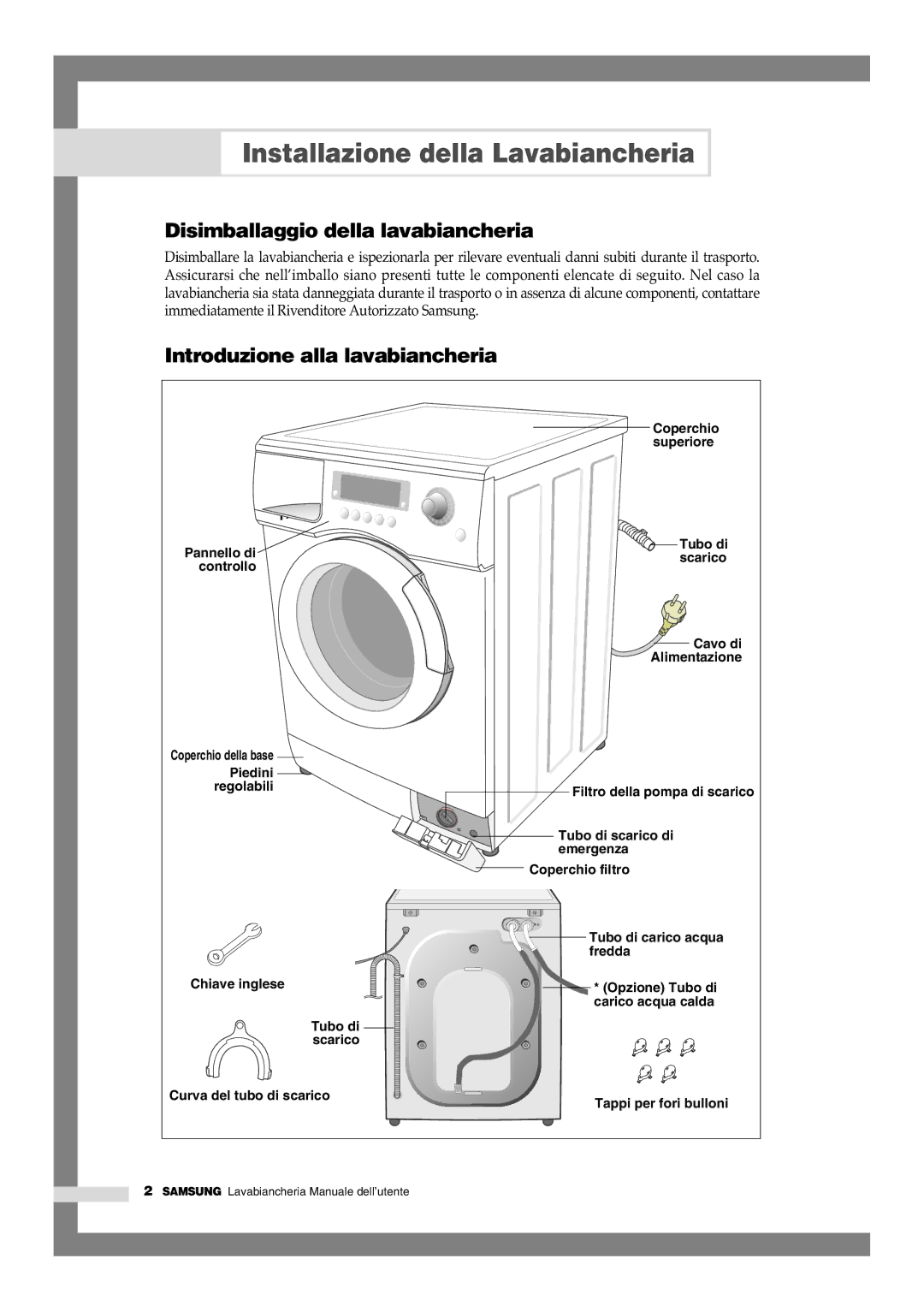 Samsung F1245VGW/XET, F1045GW/XET manual Installazione della Lavabiancheria, Disimballaggio della lavabiancheria 