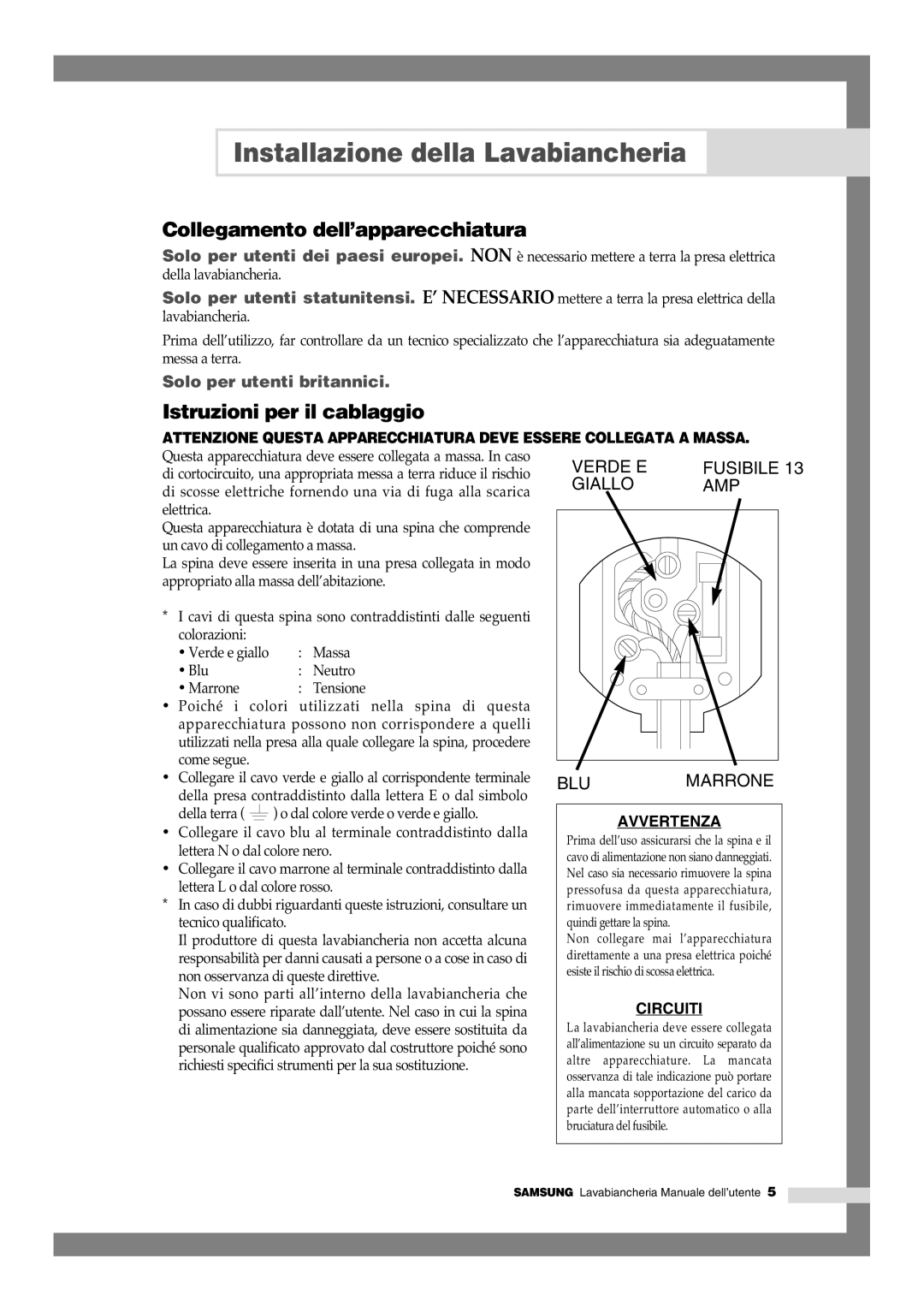 Samsung F1045GW/XET manual Collegamento dell’apparecchiatura, Istruzioni per il cablaggio, Solo per utenti britannici 