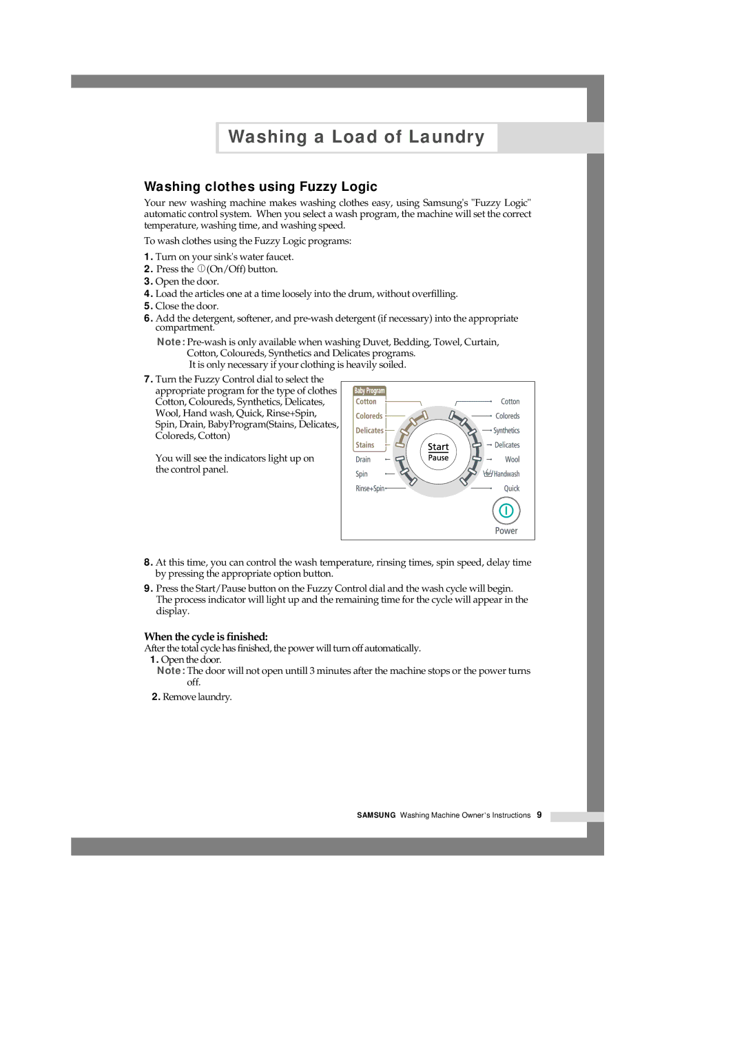 Samsung F1045(V/S), F1245(V/S), B1245(V/S), B1445(V/S) manual Washing clothes using Fuzzy Logic, When the cycle is finished 