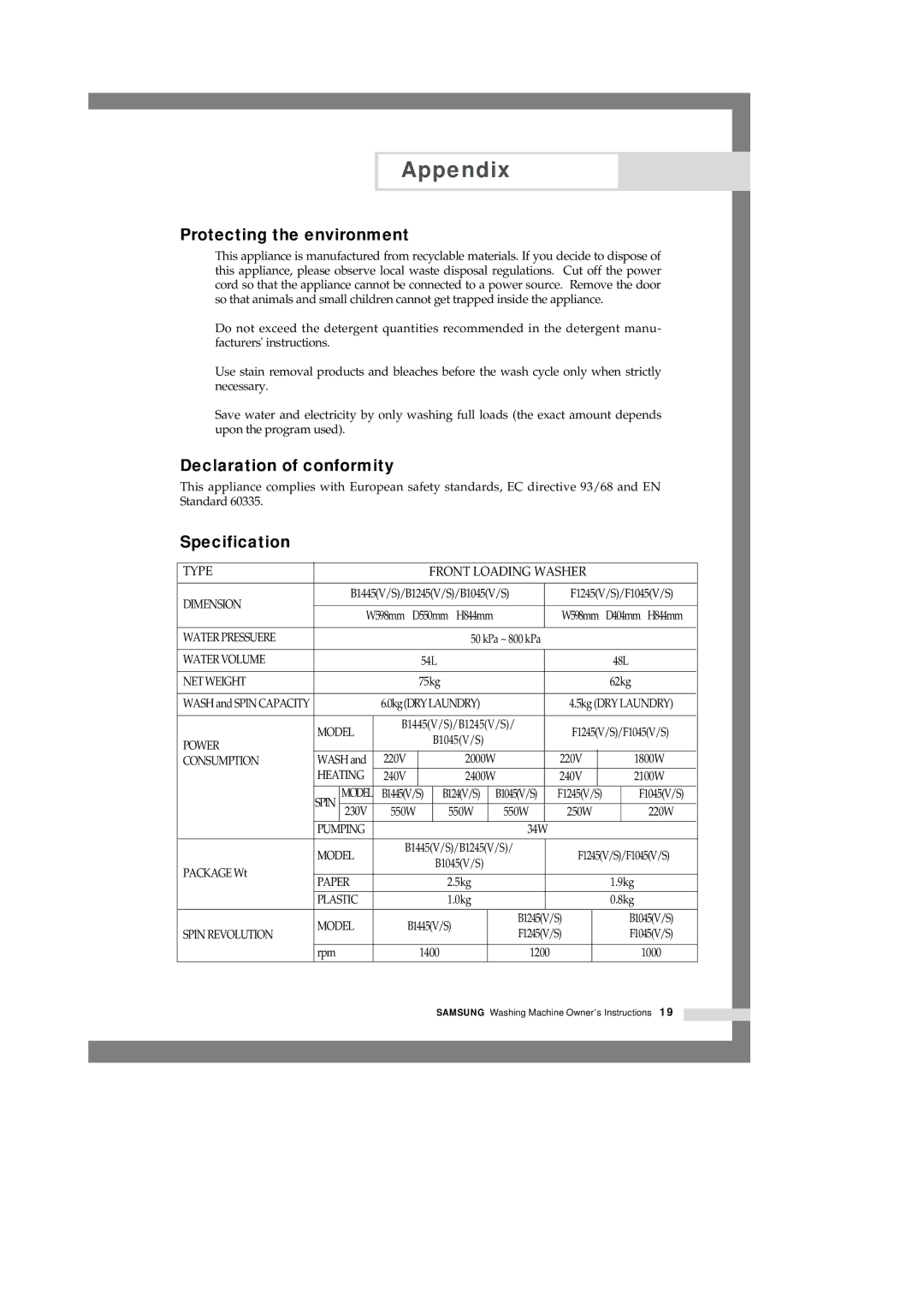 Samsung F1045(V/S), F1245(V/S), B1245(V/S), B1445(V/S) Protecting the environment, Declaration of conformity, Specification 