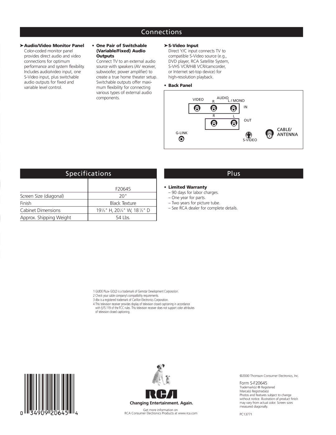 Samsung F20645 manual Connections, Specifications, Plus 