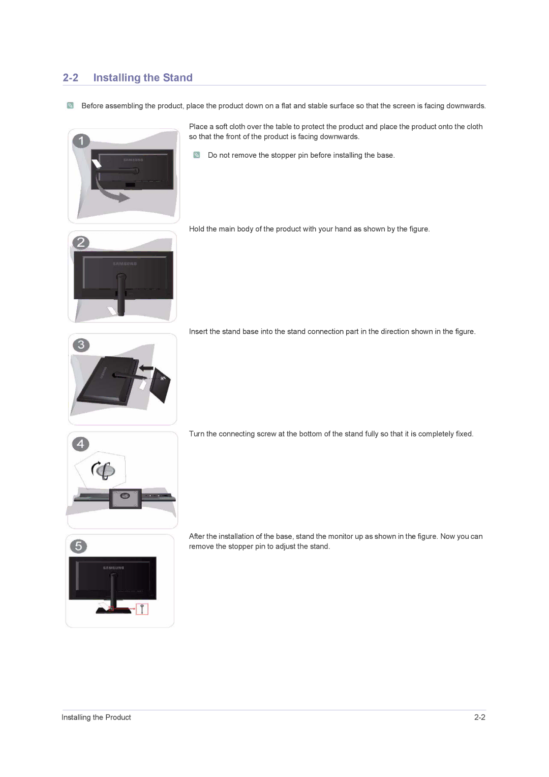 Samsung F2080M, F2380M user manual Installing the Stand 