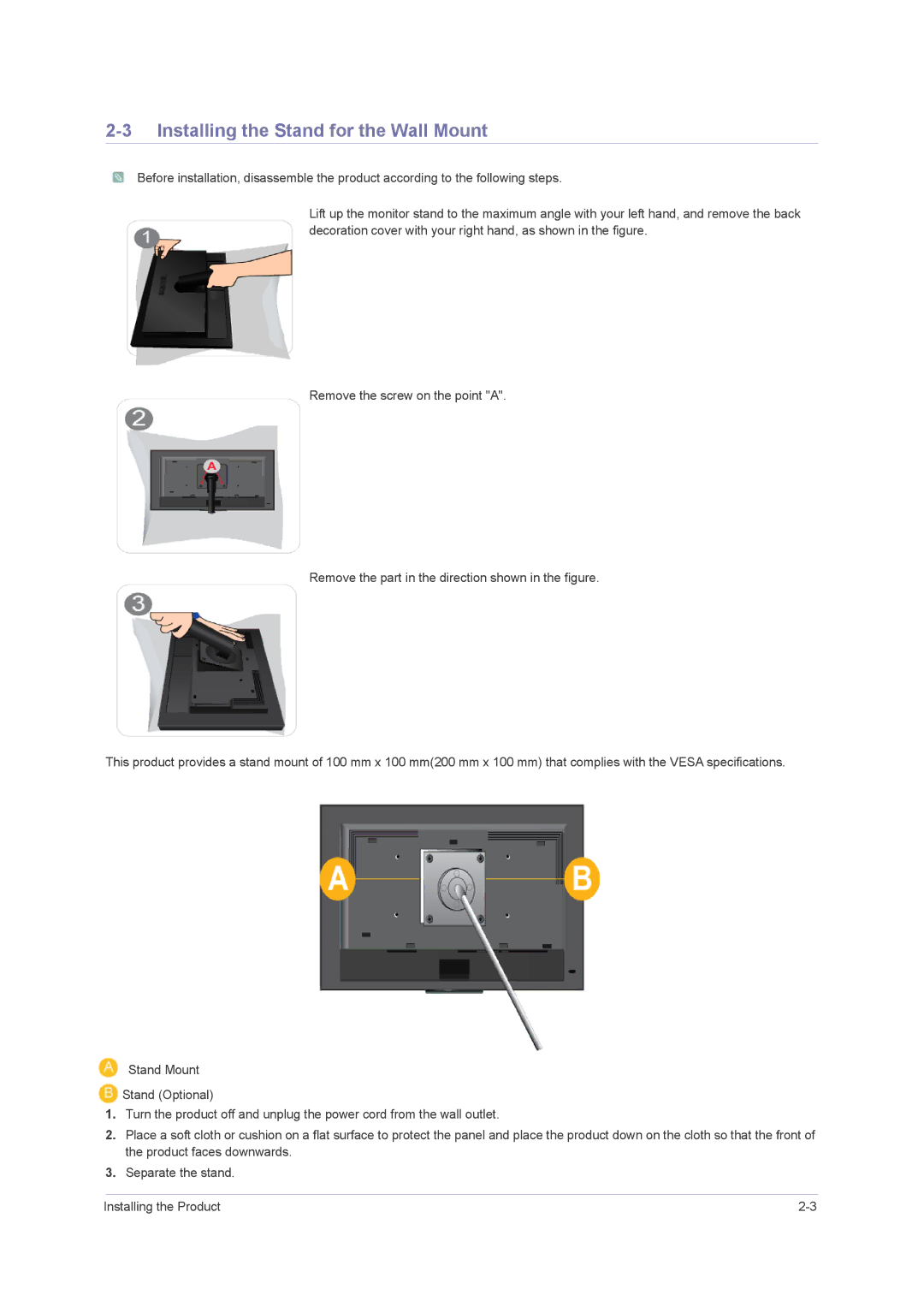 Samsung F2080M, F2380M user manual Installing the Stand for the Wall Mount 