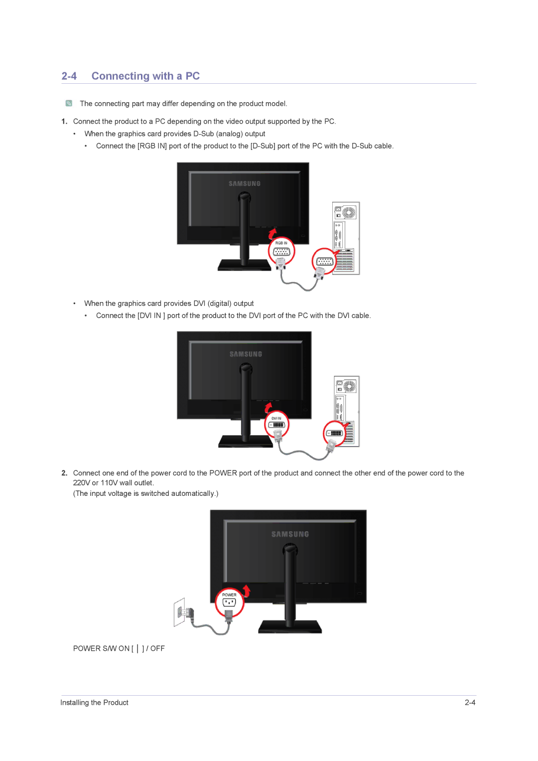 Samsung F2080M, F2380M user manual Connecting with a PC 