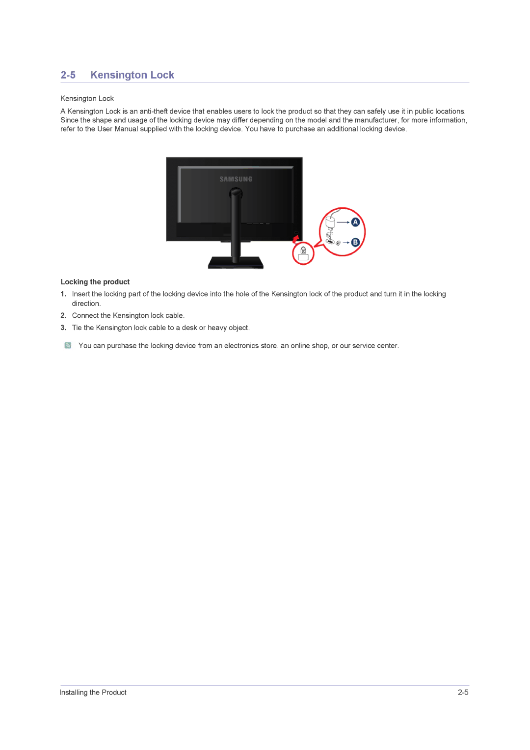 Samsung F2080M, F2380M user manual Kensington Lock, Locking the product 