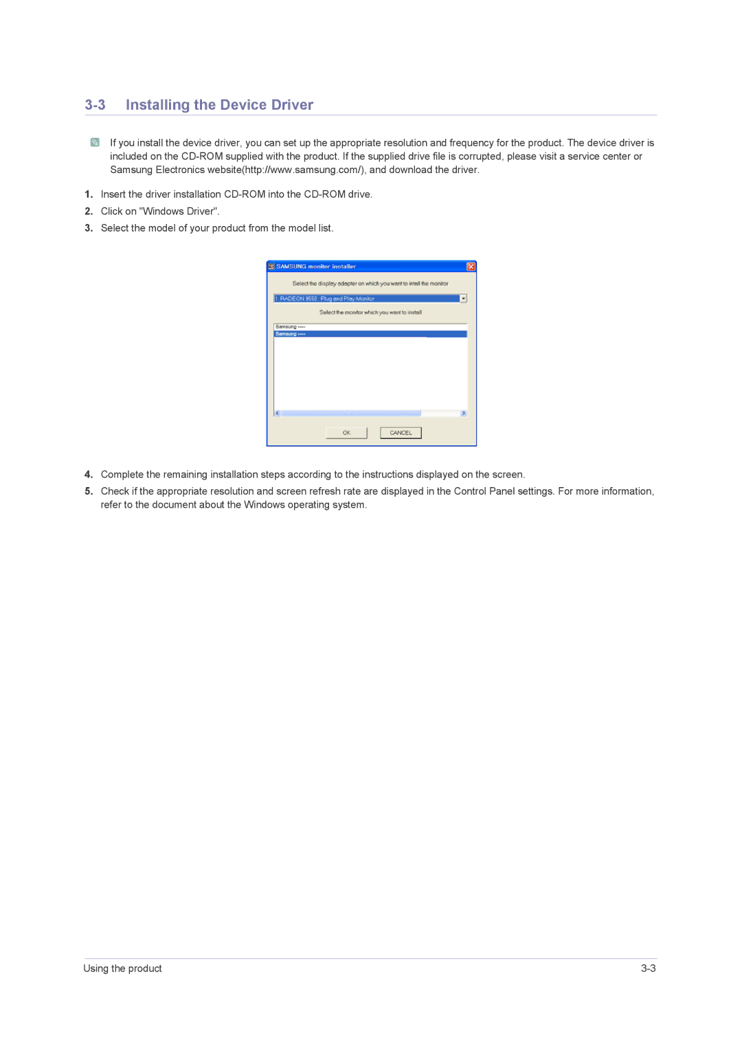 Samsung F2080M, F2380M user manual Installing the Device Driver 