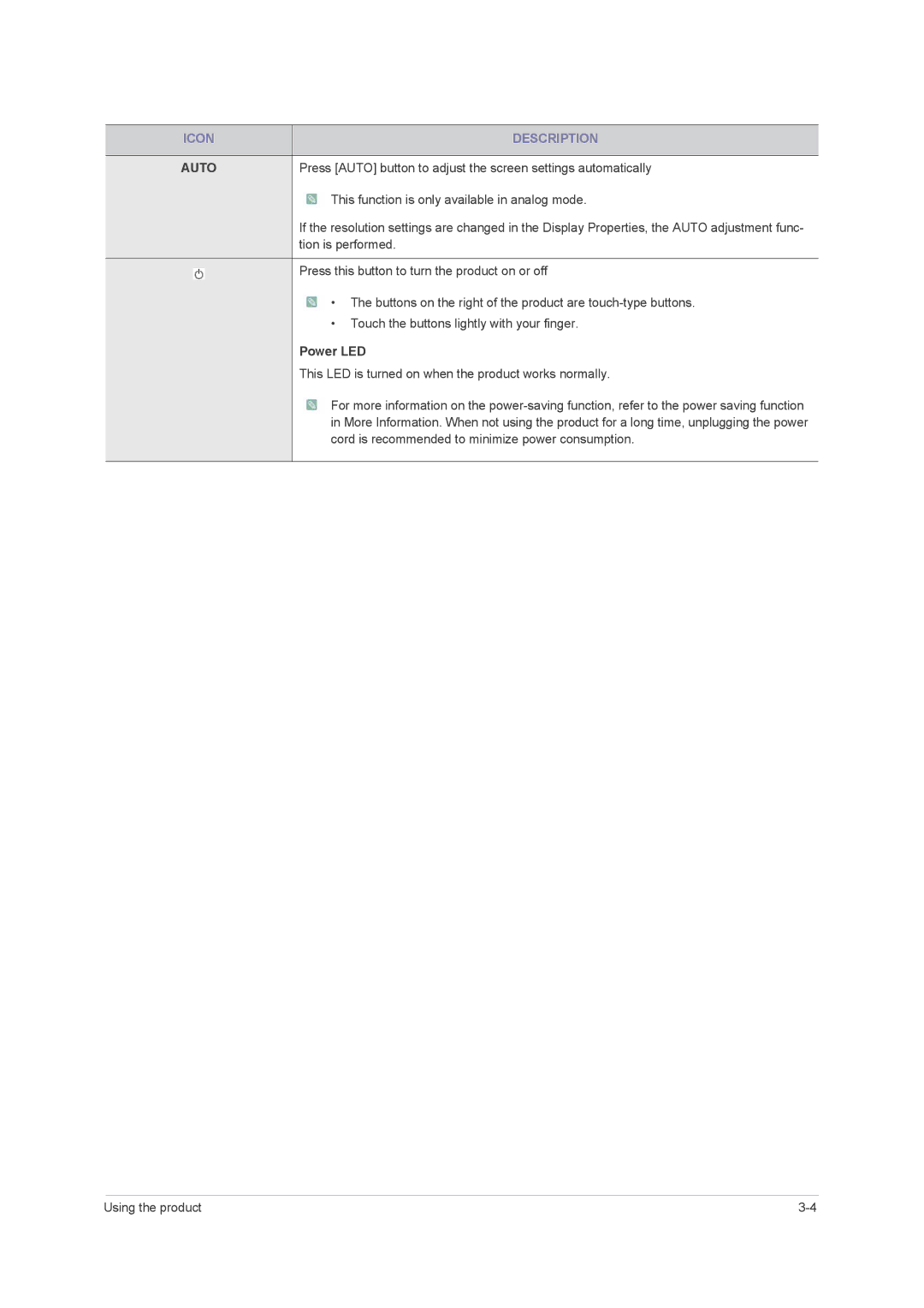 Samsung F2080M, F2380M user manual Auto, Power LED 