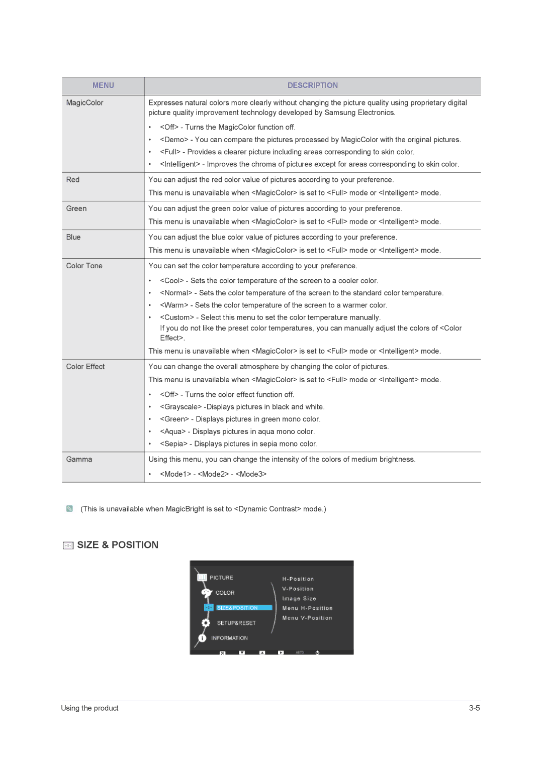 Samsung F2080M, F2380M user manual Size & Position 