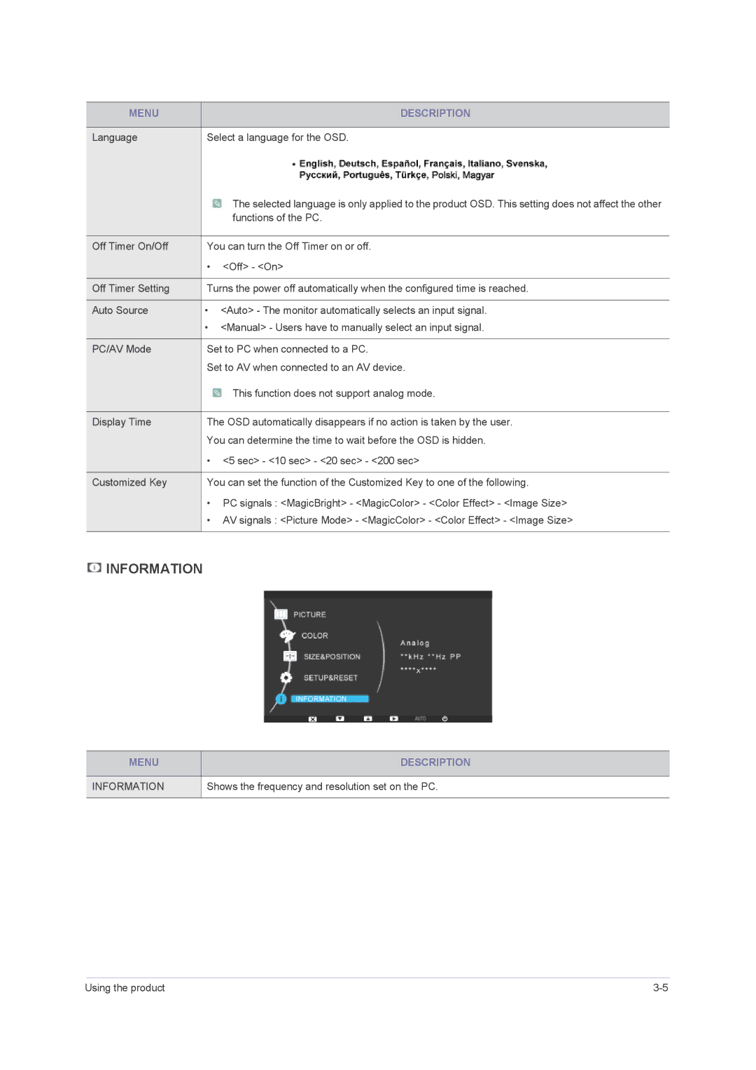 Samsung F2080M, F2380M user manual Language Select a language for the OSD, Shows the frequency and resolution set on the PC 